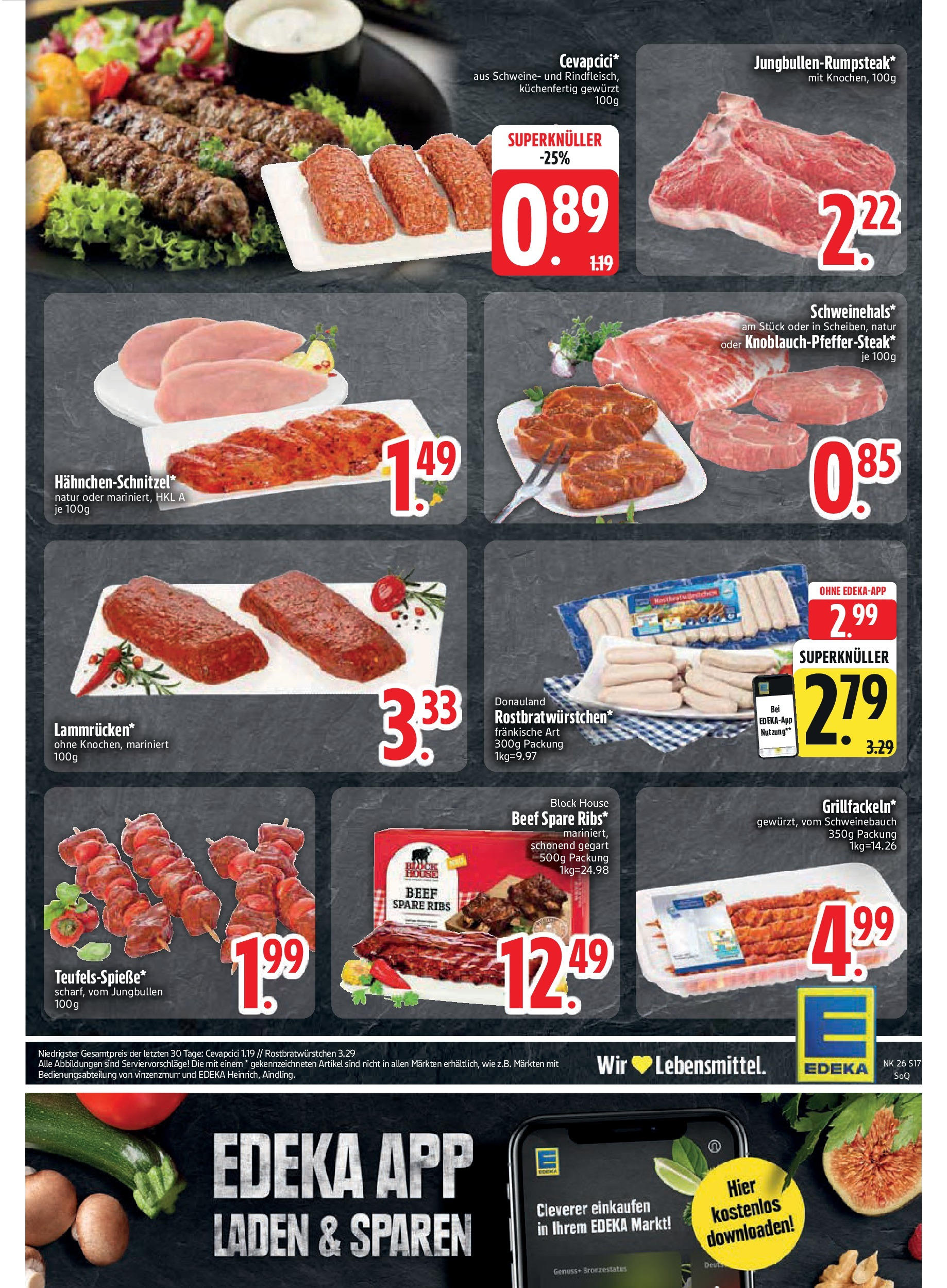 Edeka prospekt Trostberg	 (ab 22.06.2025) » Angebote Online | Seite: 17 | Produkte: Schweinebauch, Spare ribs, Cevapcici, Steak