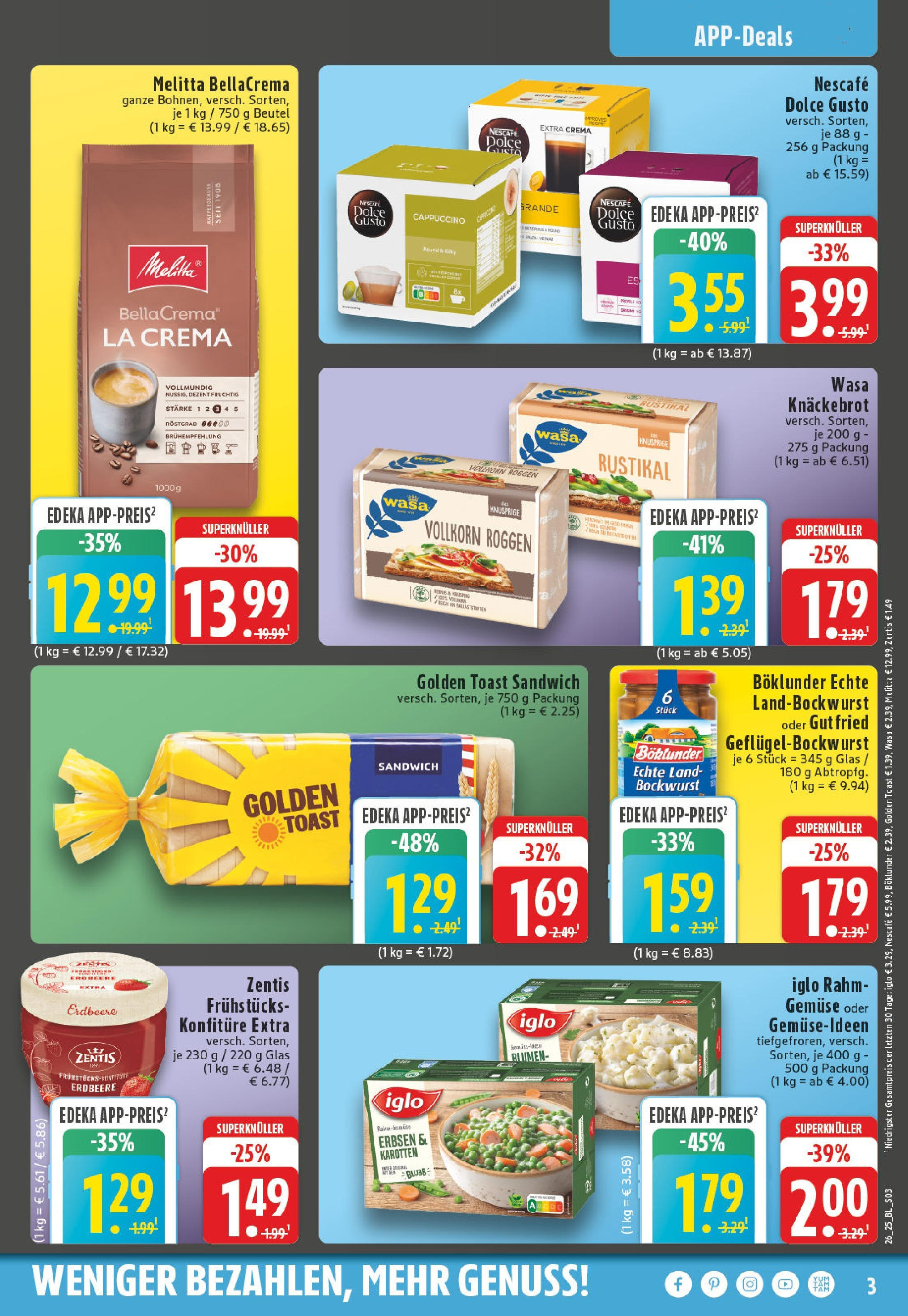 Edeka prospekt Erkelenz	 (ab 22.06.2025) » Angebote Online | Seite: 3 | Produkte: Melitta, Toast, Iglo, Erbsen
