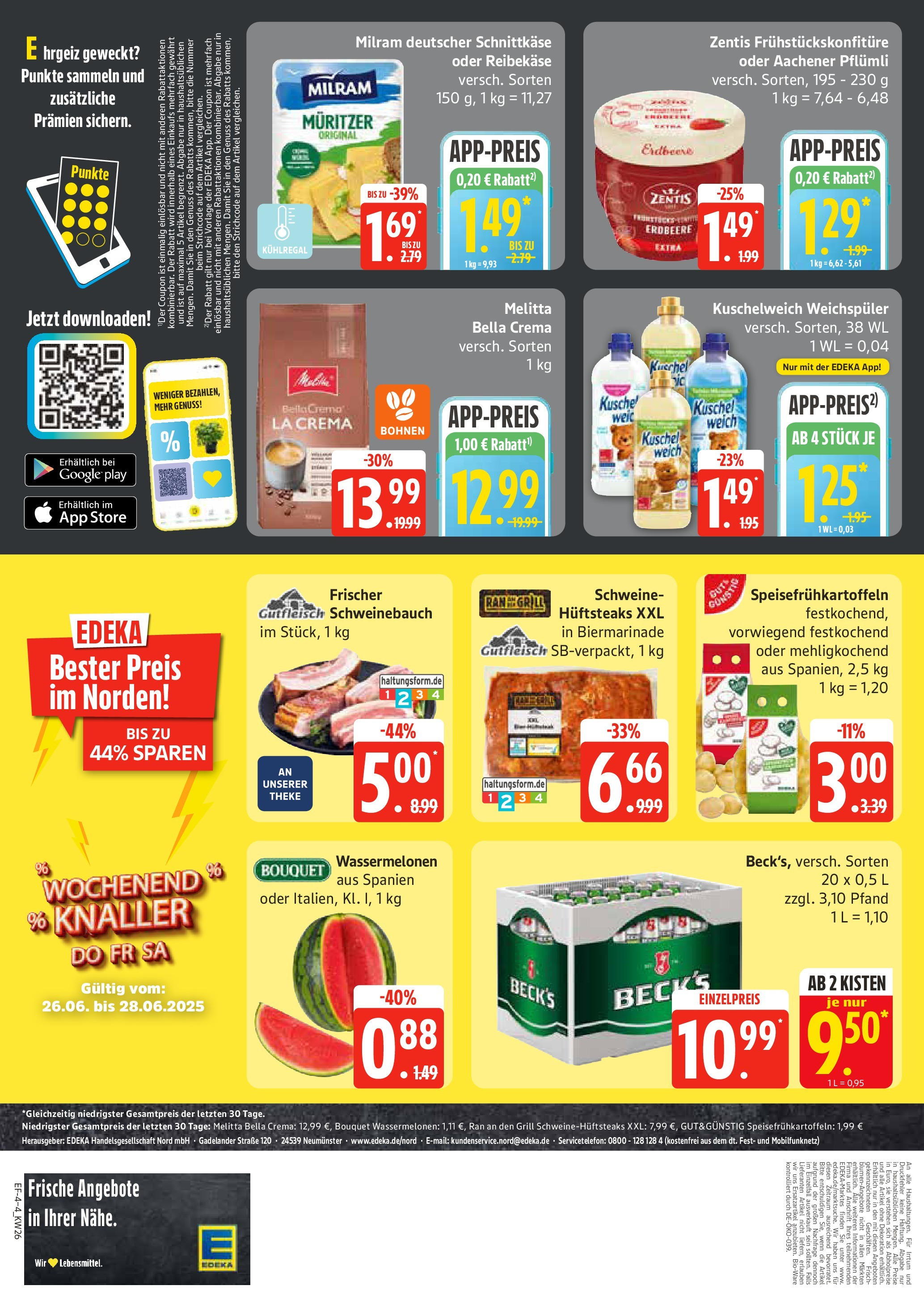 Edeka prospekt Rostock	 (ab 22.06.2025) » Angebote Online | Seite: 4 | Produkte: Melitta, Schweinebauch, Weichspüler, Milram