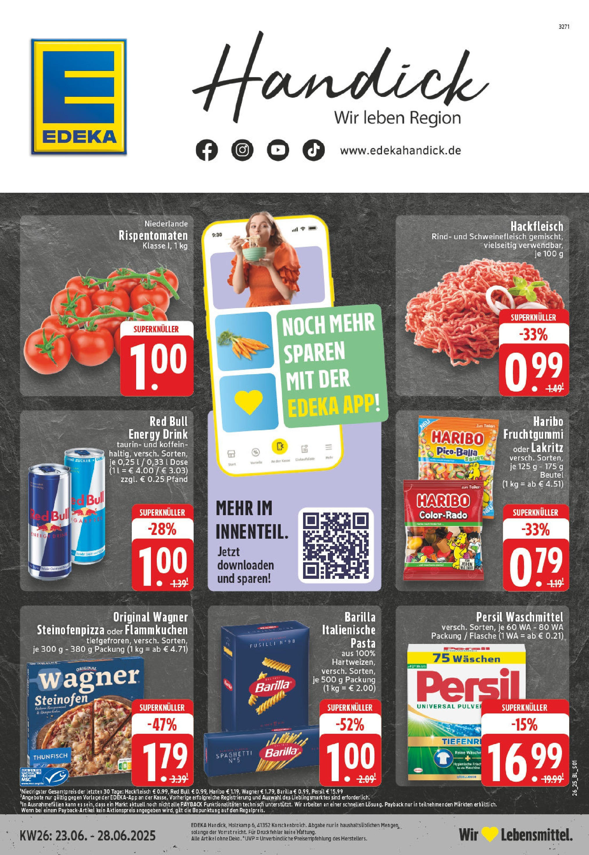 Edeka prospekt Korschenbroich	 (ab 22.06.2025) » Angebote Online | Seite: 1 | Produkte: Waschmittel, Zucker, Pasta, Hackfleisch