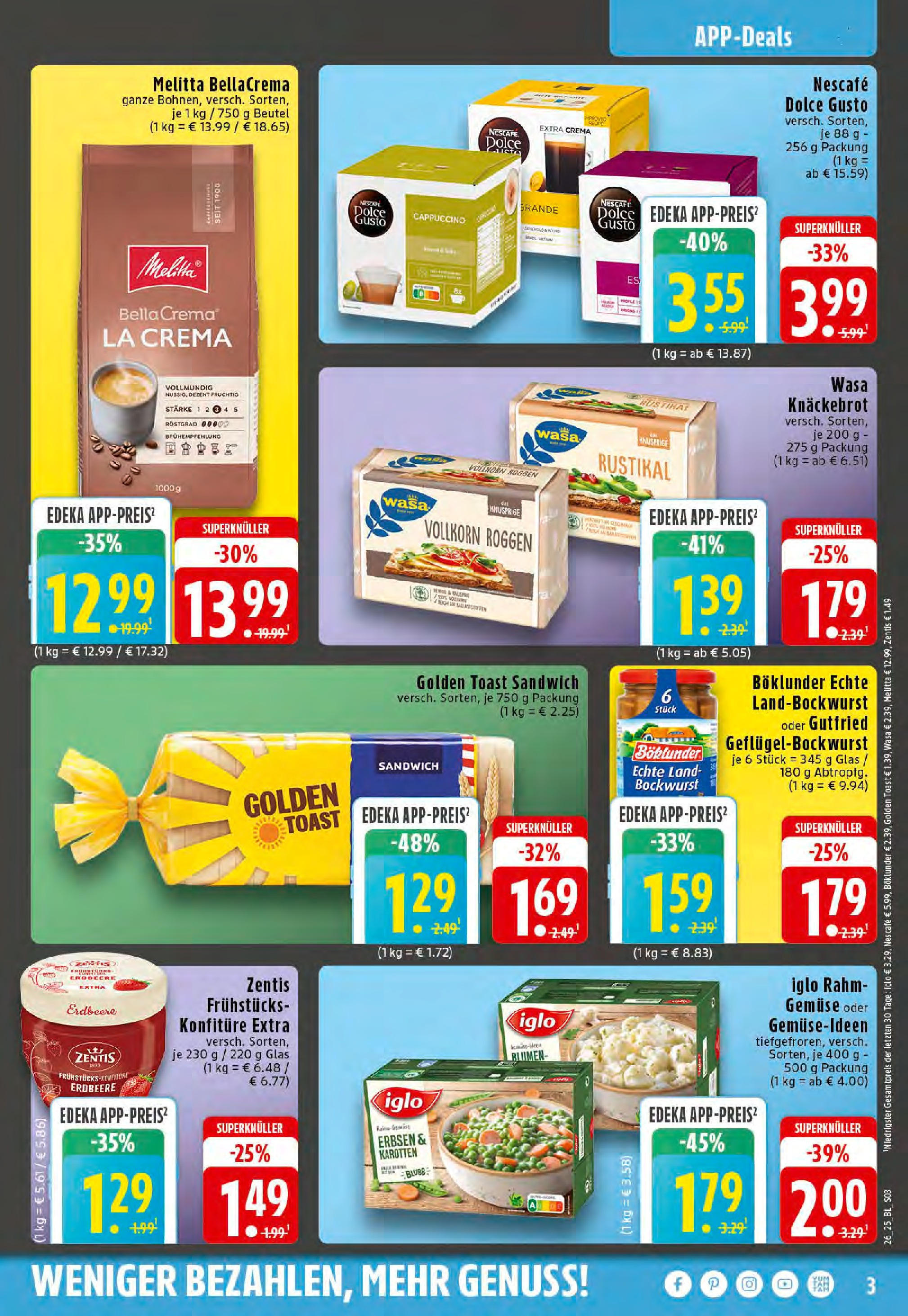 Edeka prospekt Essen	 (ab 23.06.2025) » Angebote Online | Seite: 3 | Produkte: Bockwurst, Toast, Iglo, Wasa knackebrot