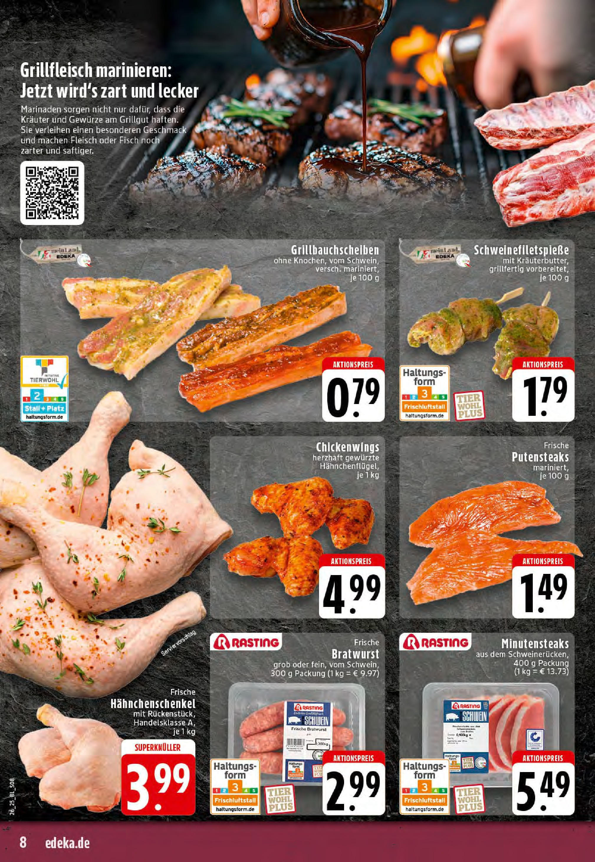 Edeka prospekt Essen	 (ab 23.06.2025) » Angebote Online | Seite: 8 | Produkte: Hahnchenschenkel, Bratwurst, Steak, Fleisch