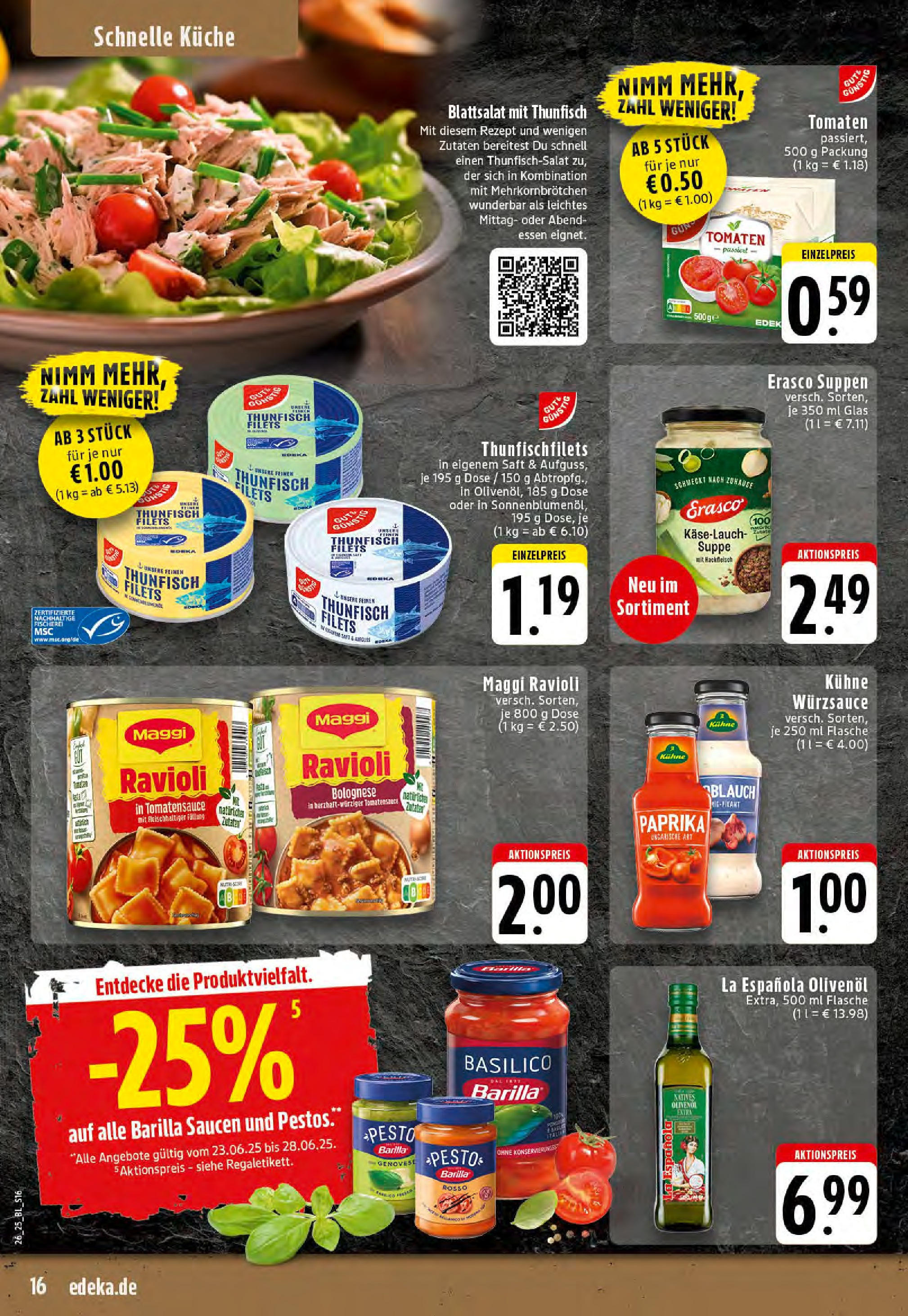 Edeka prospekt Essen	 (ab 23.06.2025) » Angebote Online | Seite: 16 | Produkte: Barilla pesto, Olivenol, Saft, Erasco