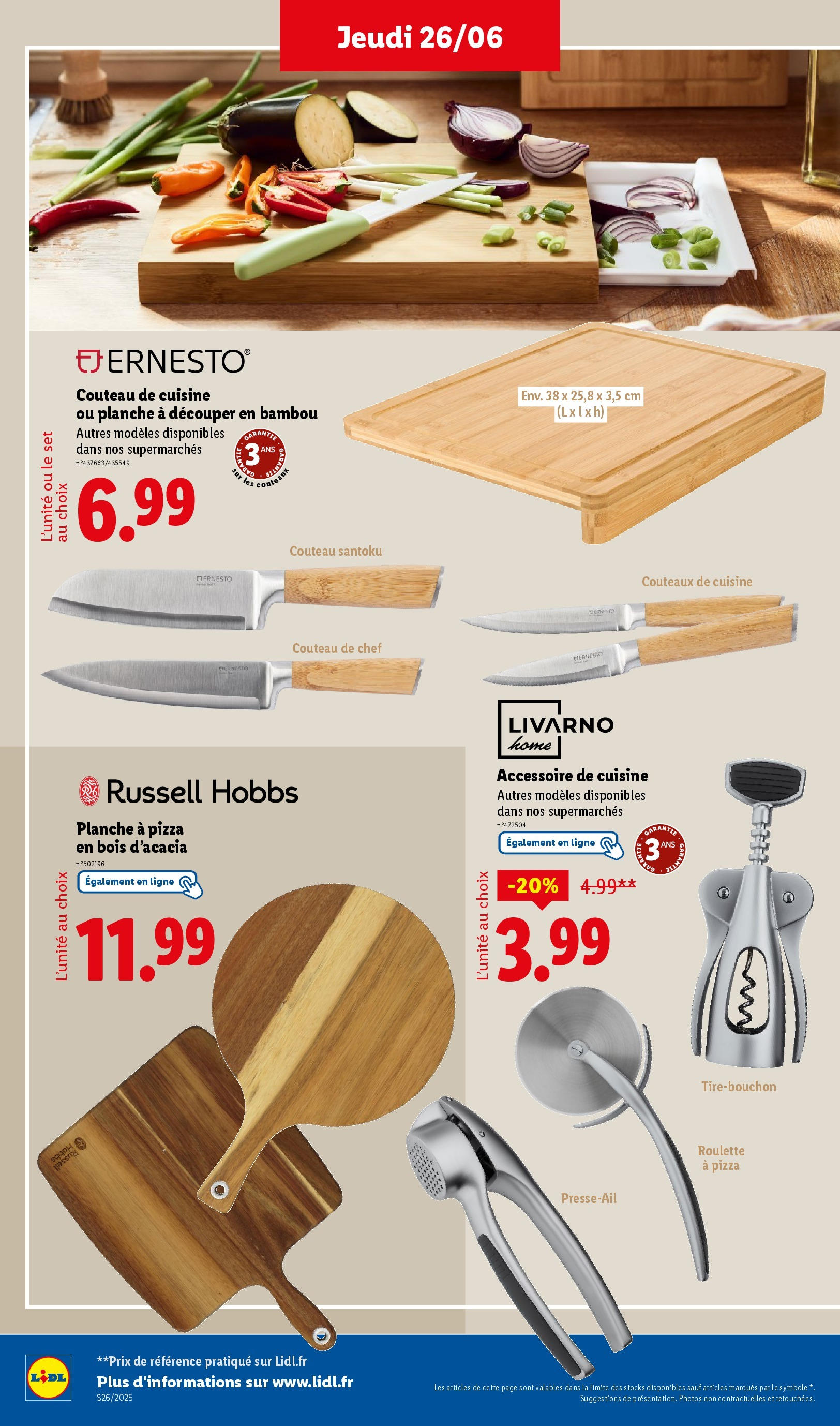 Catalogue LIDL du 26/06/2025 | Promo prospectus en ligne | Page: 52 | Produits: Couteau, Tire-bouchon, Planche à découper, Pizza Catalogue LIDL du 26/06/2025 | Promo prospectus en ligne | Page: 52 | Produits: Couteau, Tire-bouchon, Planche à découper, Pizza