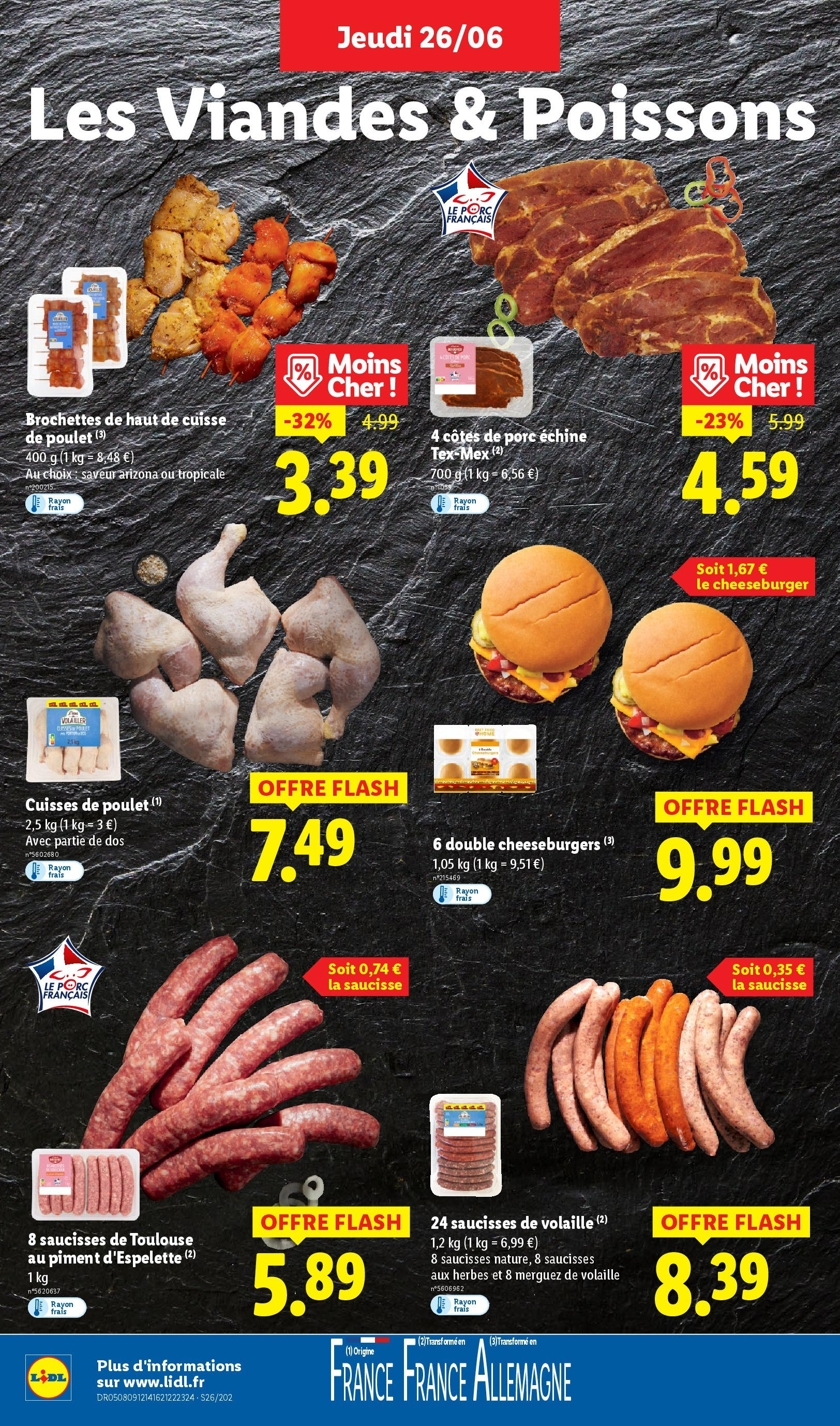Catalogue LIDL du 26/06/2025 | Promo prospectus en ligne | Page: 4 | Produits: Cuisses de poulet, Volaille, Merguez, Cuisse de poulet Catalogue LIDL du 26/06/2025 | Promo prospectus en ligne | Page: 4 | Produits: Cuisses de poulet, Volaille, Merguez, Cuisse de poulet