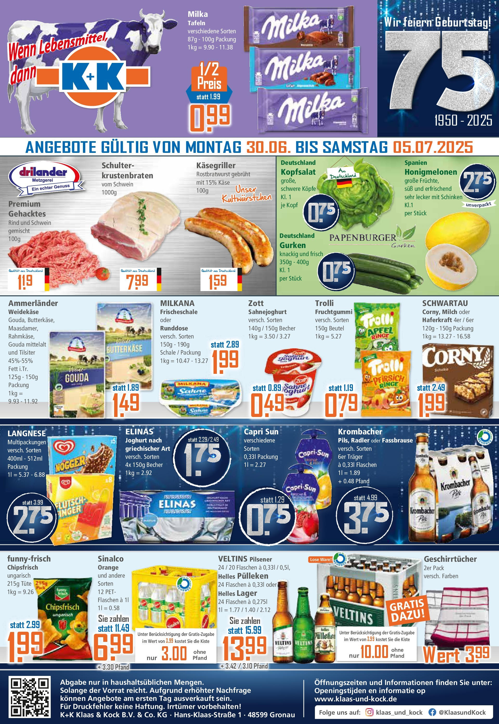 Klaas & Kock - K+K: Wochenangebote (ab 30.06.2025) zum Blättern | Seite: 1 | Produkte: Krustenbraten, Milka, Schinken, Veltins