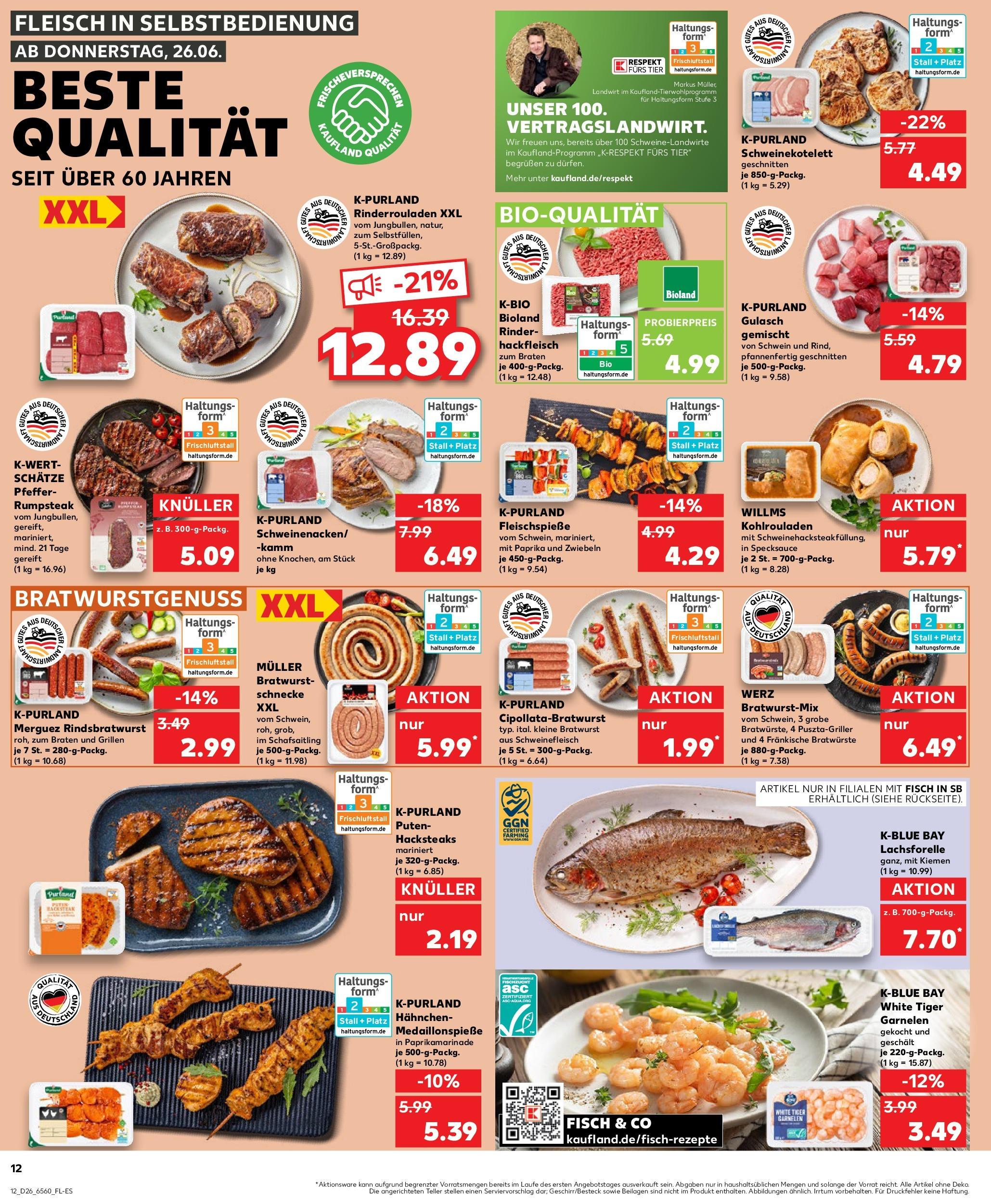 Prospekt Kaufland ab 26.06.2025 » Angebote Online zum Blättern | Seite: 12 | Produkte: Rinderrouladen, Gulasch, Pfeffer, Tiger garnelen