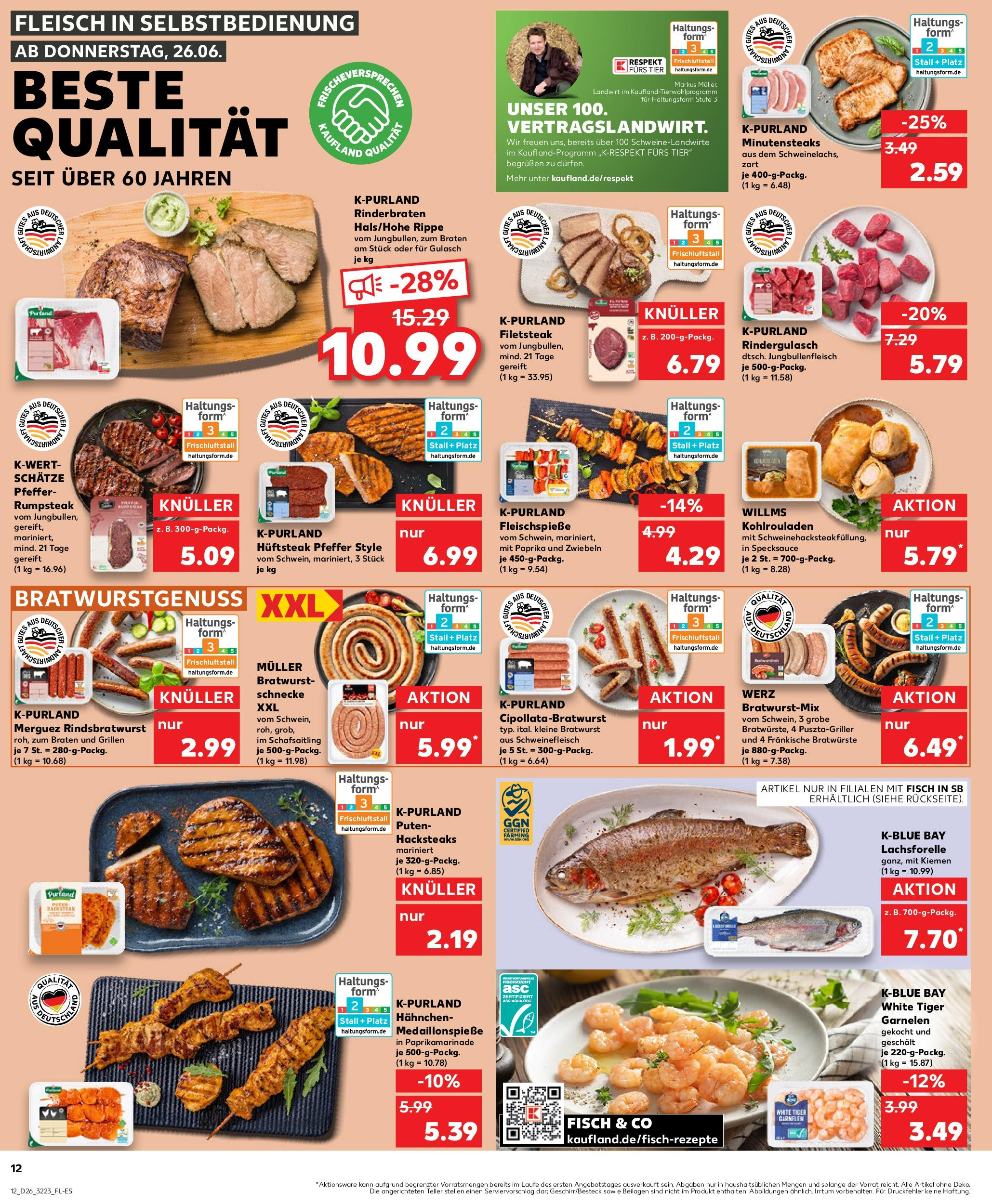 Prospekt Kaufland ab 26.06.2025 » Angebote Online zum Blättern | Seite: 12 | Produkte: Rinderbraten, Zwiebeln, Gulasch, Schweinefleisch