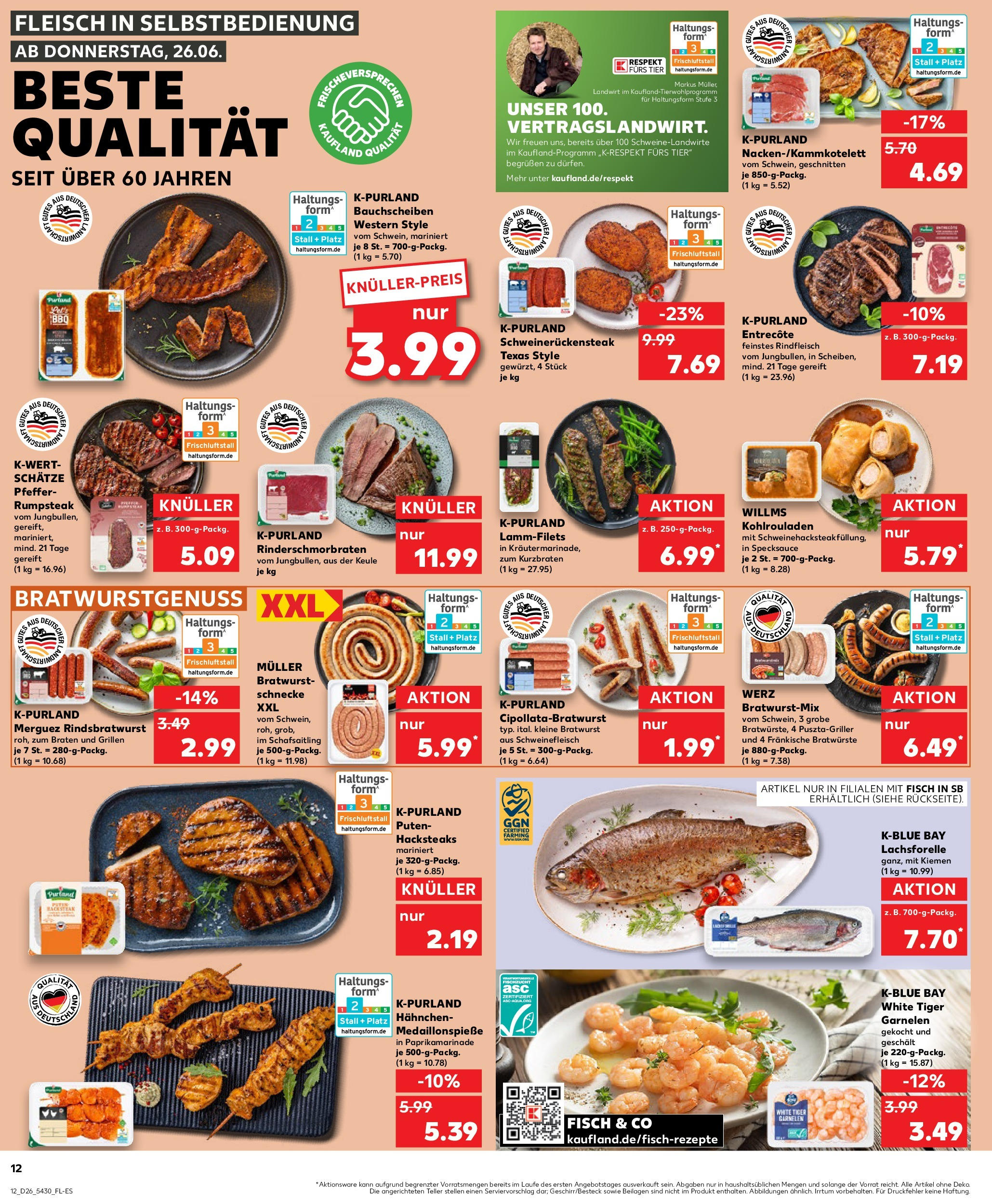 Prospekt Kaufland ab 25.06.2025 » Angebote Online zum Blättern | Seite: 12 | Produkte: Bratwurst, Garnelen, Entrecote, Schweinefleisch
