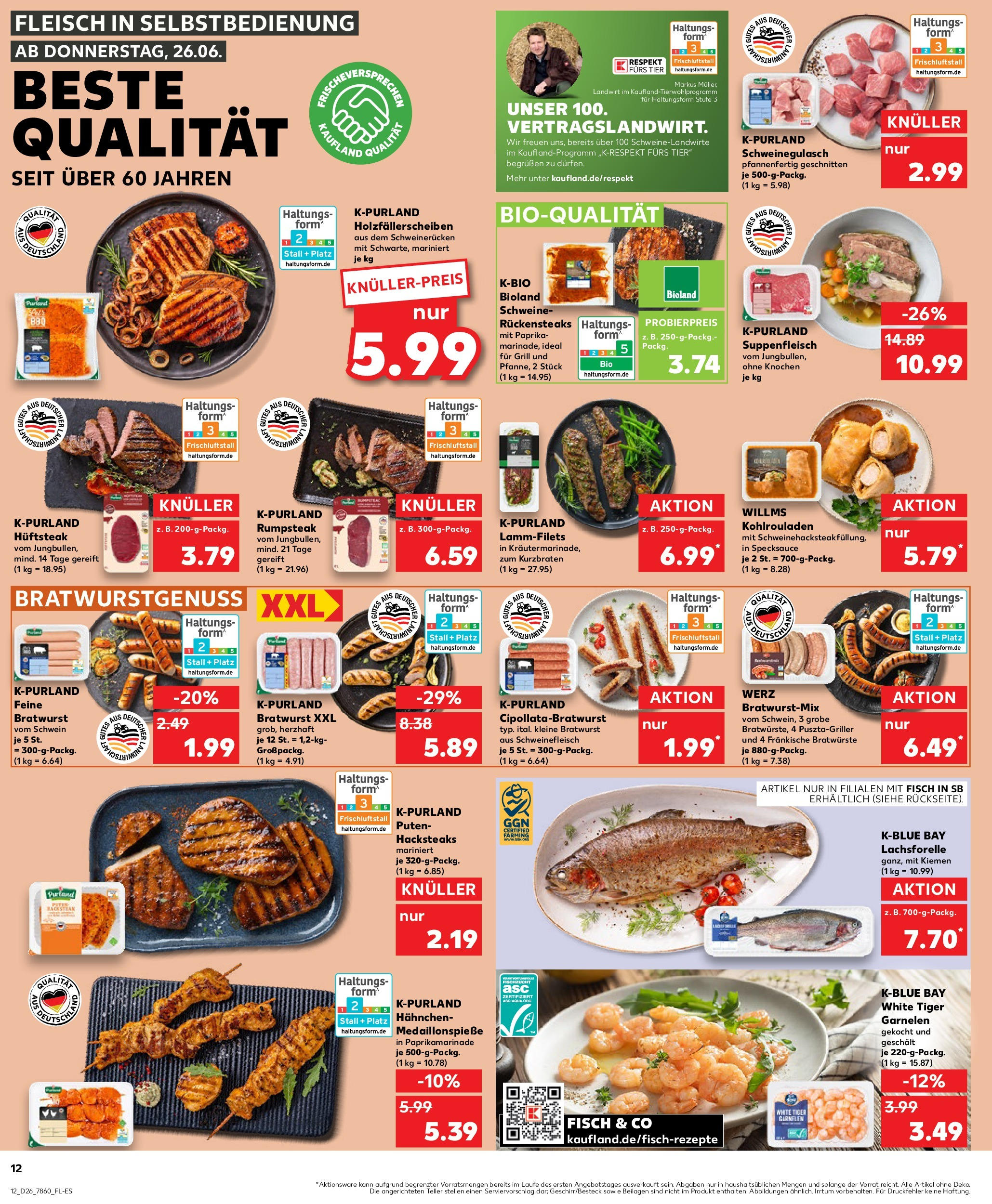 Prospekt Kaufland ab 26.06.2025 » Angebote Online zum Blättern | Seite: 12 | Produkte: Hahnchen, Bratwurst, Fisch, Fleisch
