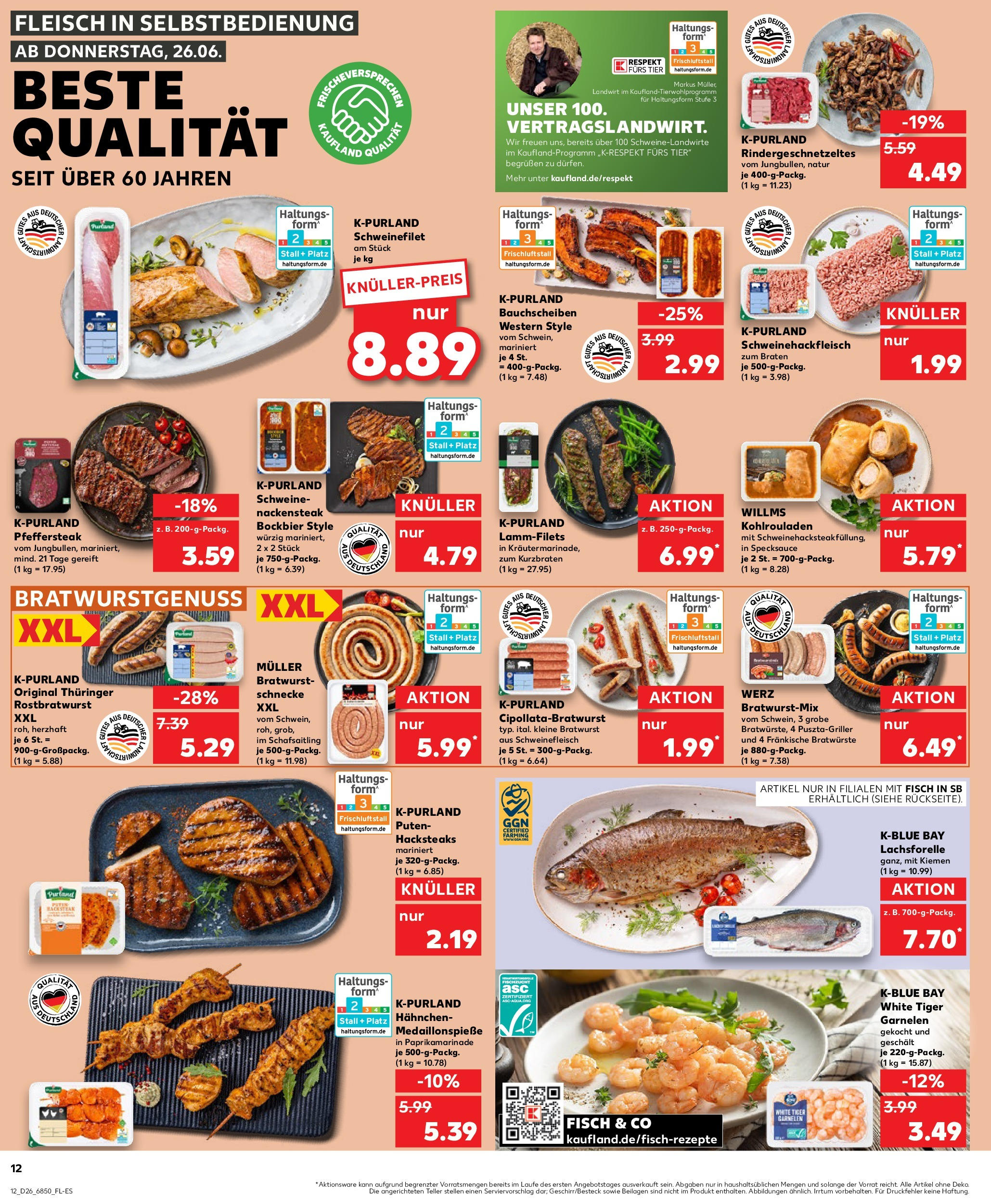 Prospekt Kaufland ab 26.06.2025 » Angebote Online zum Blättern | Seite: 12 | Produkte: Hahnchen, Fisch, Schweinefleisch, Tiger garnelen