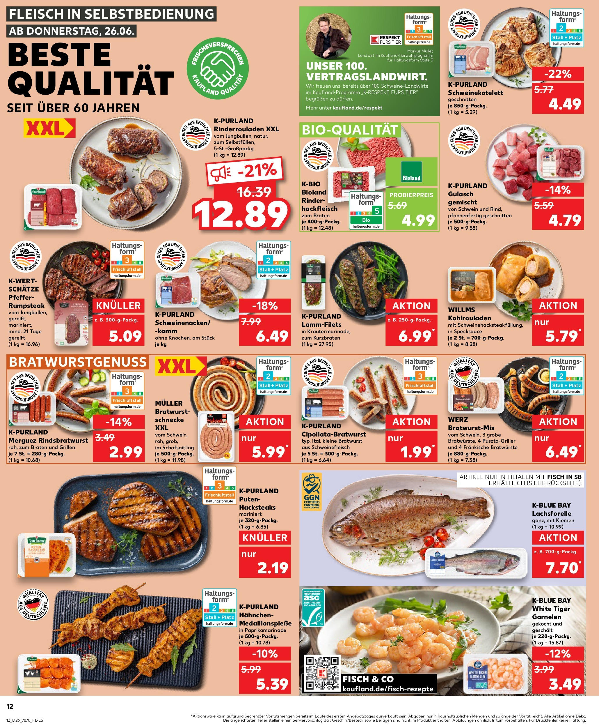Prospekt Kaufland ab 25.06.2025 » Angebote Online zum Blättern | Seite: 12 | Produkte: Rinderrouladen, Rumpsteak, Garnelen, Schweinefleisch