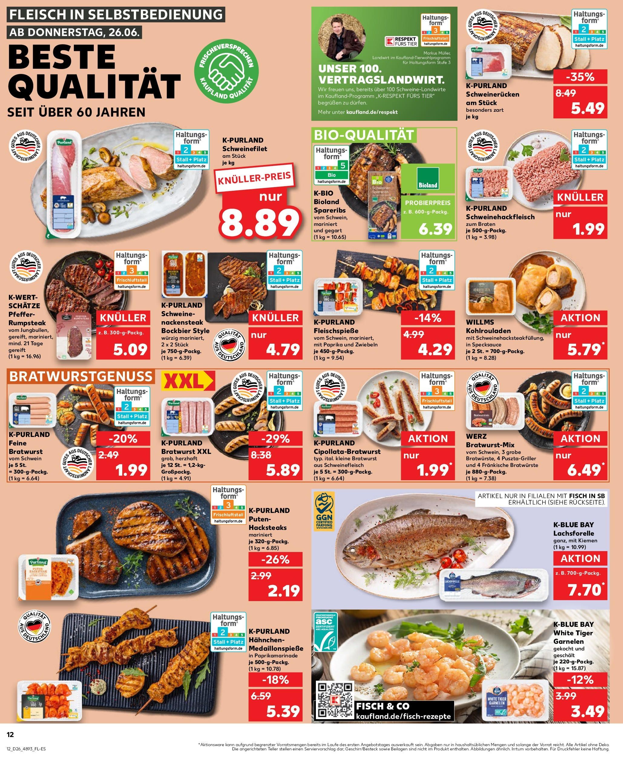 Prospekt Kaufland ab 25.06.2025 » Angebote Online zum Blättern | Seite: 12 | Produkte: Bratwurst, Garnelen, Schweinefilet, Zwiebeln