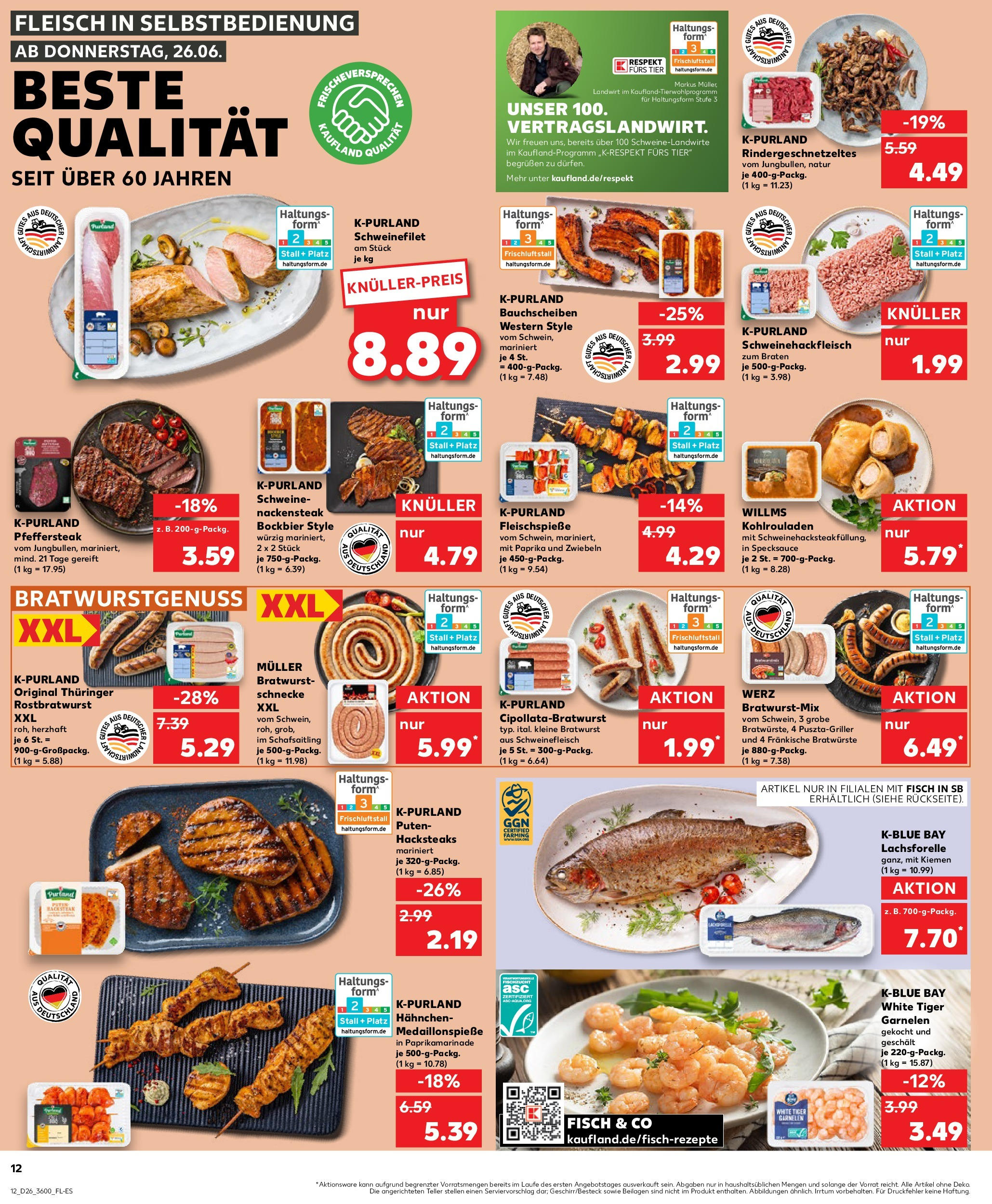 Prospekt Kaufland ab 26.06.2025 » Angebote Online zum Blättern | Seite: 12 | Produkte: Garnelen, Schweinefilet, Zwiebeln, Steak