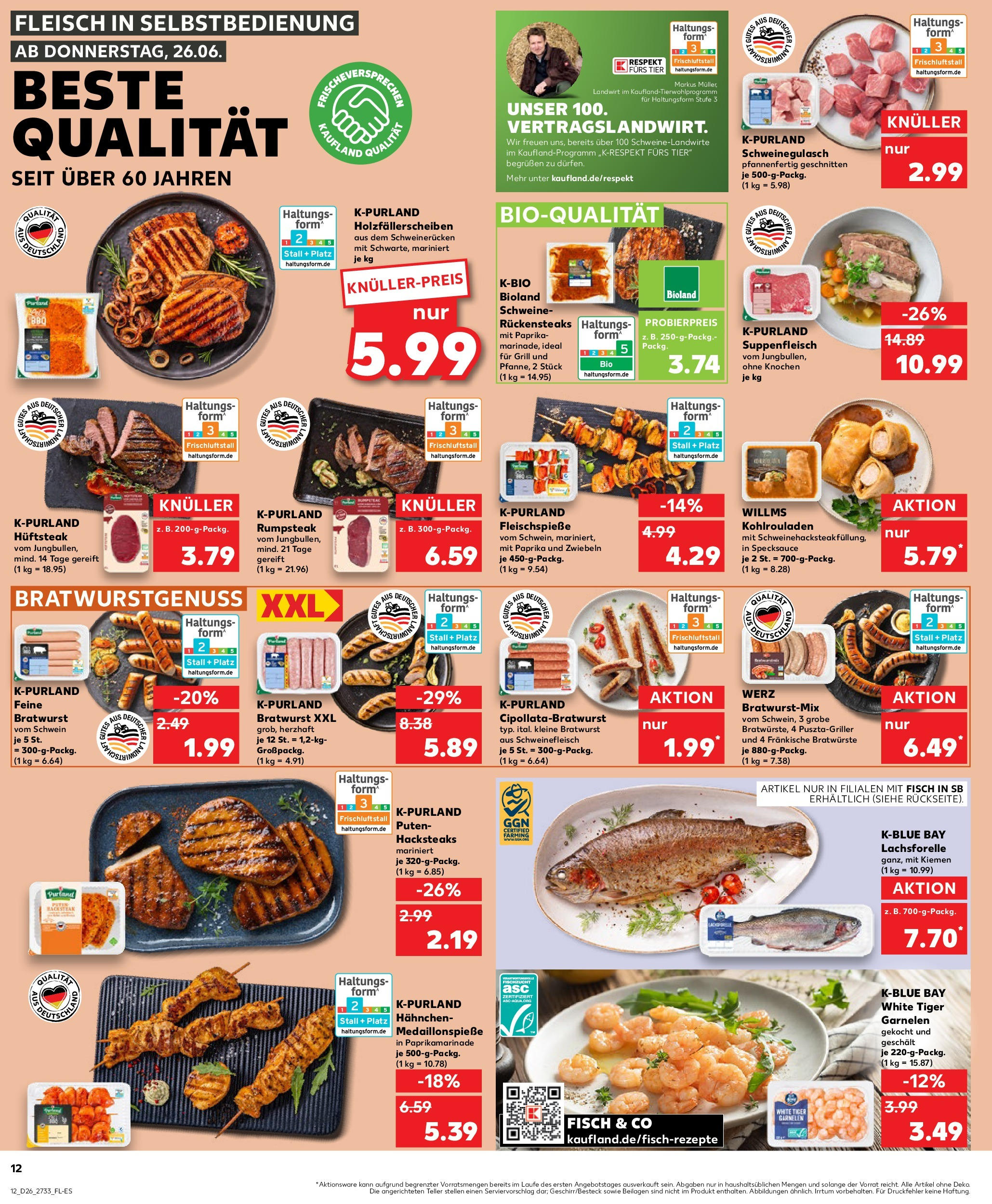 Prospekt Kaufland ab 25.06.2025 » Angebote Online zum Blättern | Seite: 12 | Produkte: Schweinegulasch, Bratwurst, Fisch, Paprika