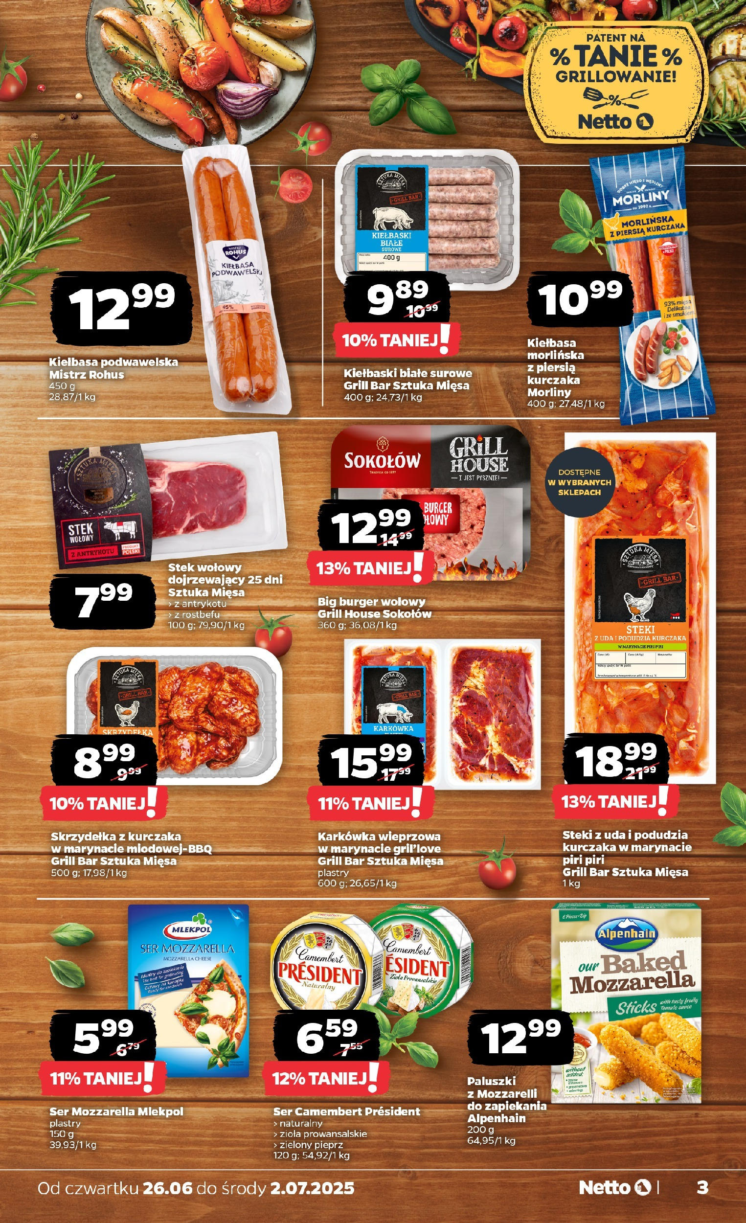 Netto gazetka - Spożywcza od 26.06.2025 - Aktualne promocje | Strona: 3 | Produkty: Zioła prowansalskie, Burger wołowy, Kiełbaski, Camembert
