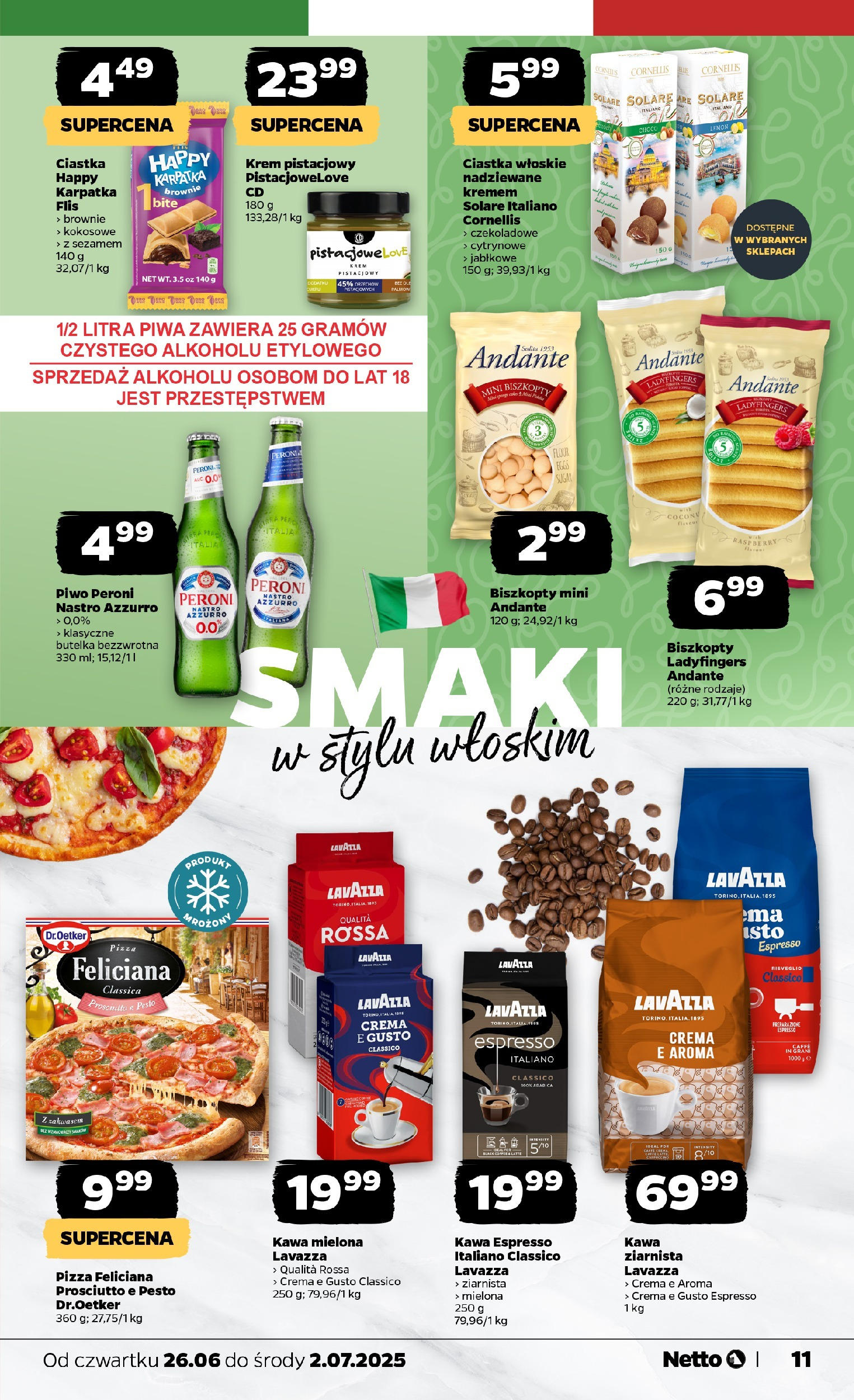 Netto gazetka - Spożywcza od 26.06.2025 - Aktualne promocje | Strona: 11 | Produkty: Lavazza crema, Kawa ziarnista Lavazza, Pizza, Brownie