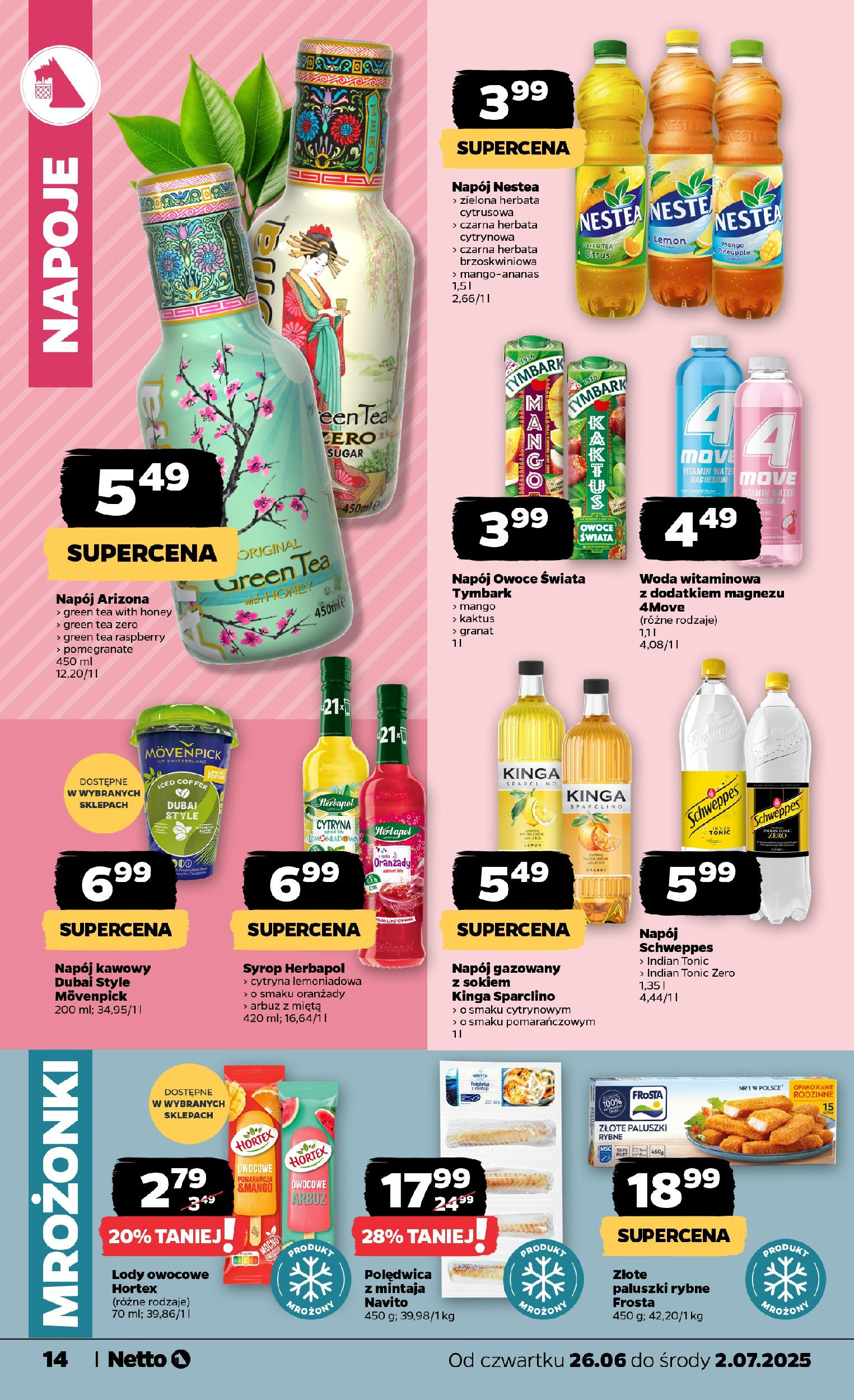 Netto gazetka - Spożywcza od 26.06.2025 - Aktualne promocje | Strona: 14 | Produkty: Napoje, Mięta, Paluszki rybne frosta, Paluszki