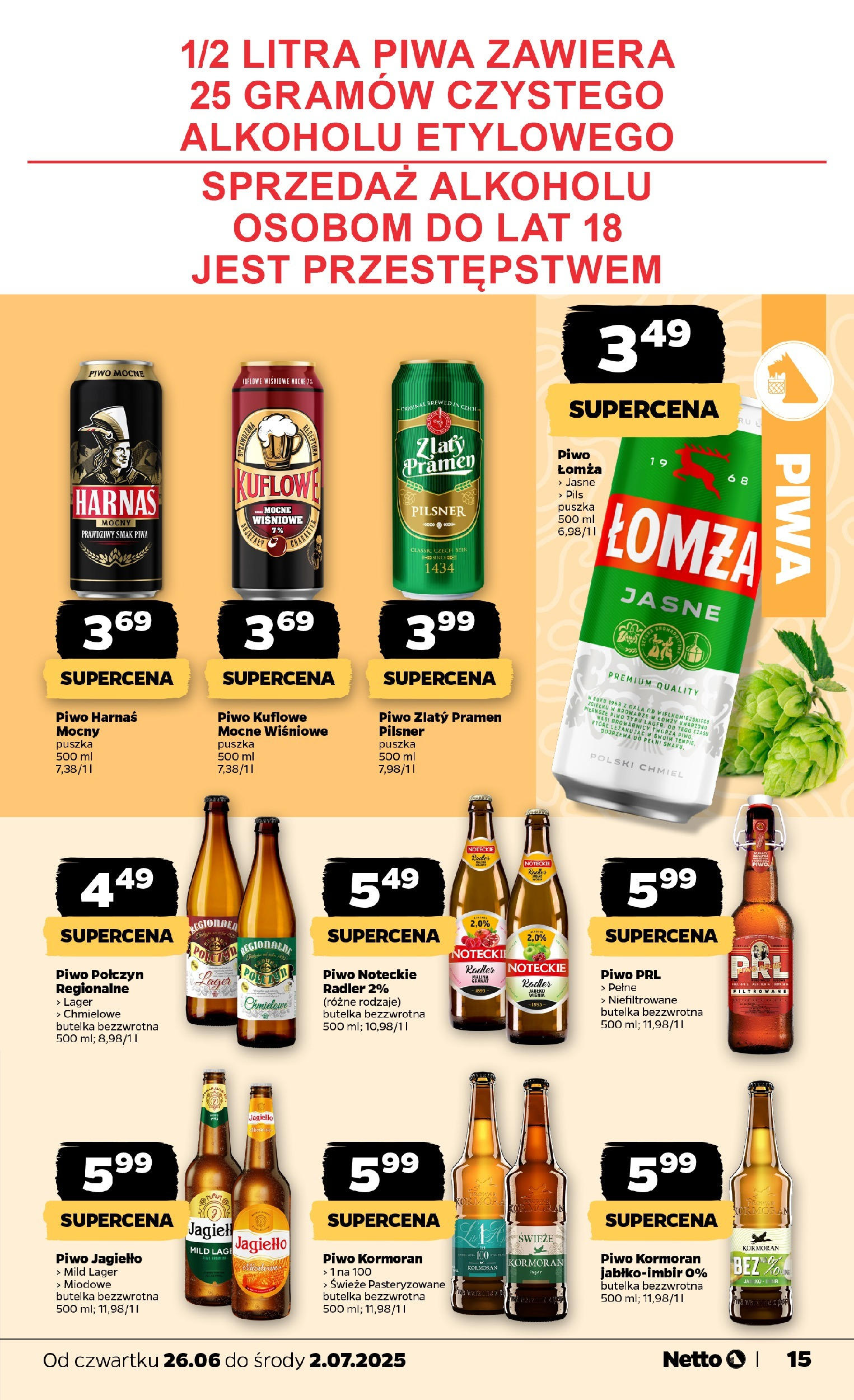 Netto gazetka - Spożywcza od 26.06.2025 - Aktualne promocje | Strona: 15 | Produkty: Harnaś, Piwo