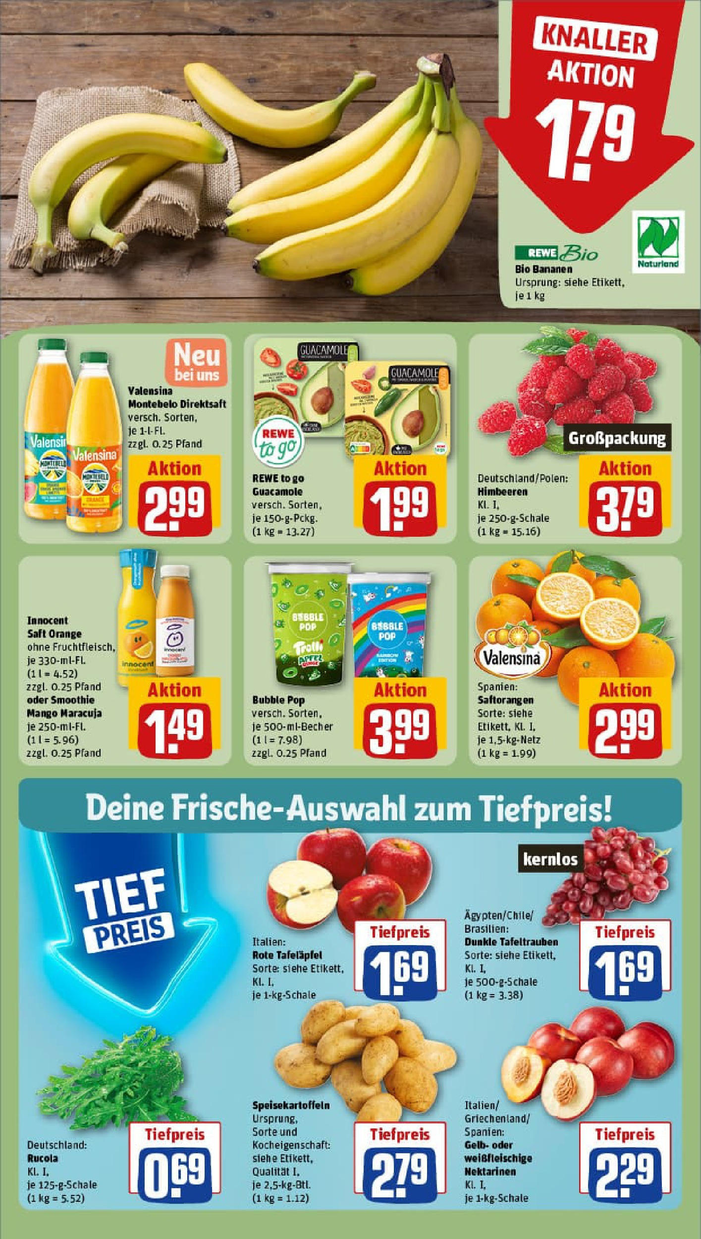 REWE Prospekt ab 22.06.2025 zum Blättern » Angebote | Seite: 6 | Produkte: Himbeeren, Rucola, Bananen, Saft