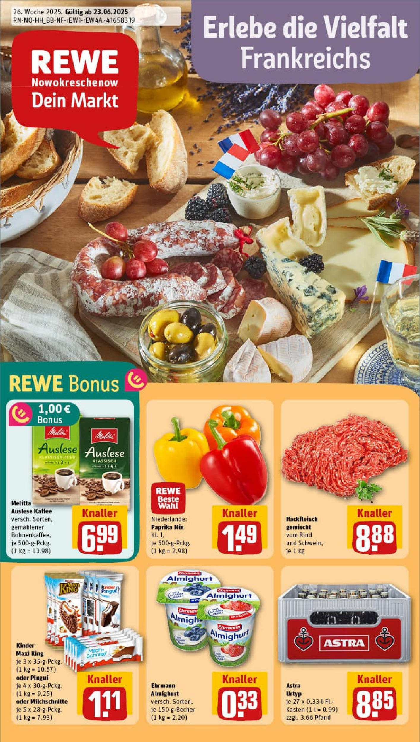 REWE Prospekt ab 23.06.2025 zum Blättern » Angebote | Seite: 1 | Produkte: Melitta, Ehrmann almighurt, Astra, Paprika