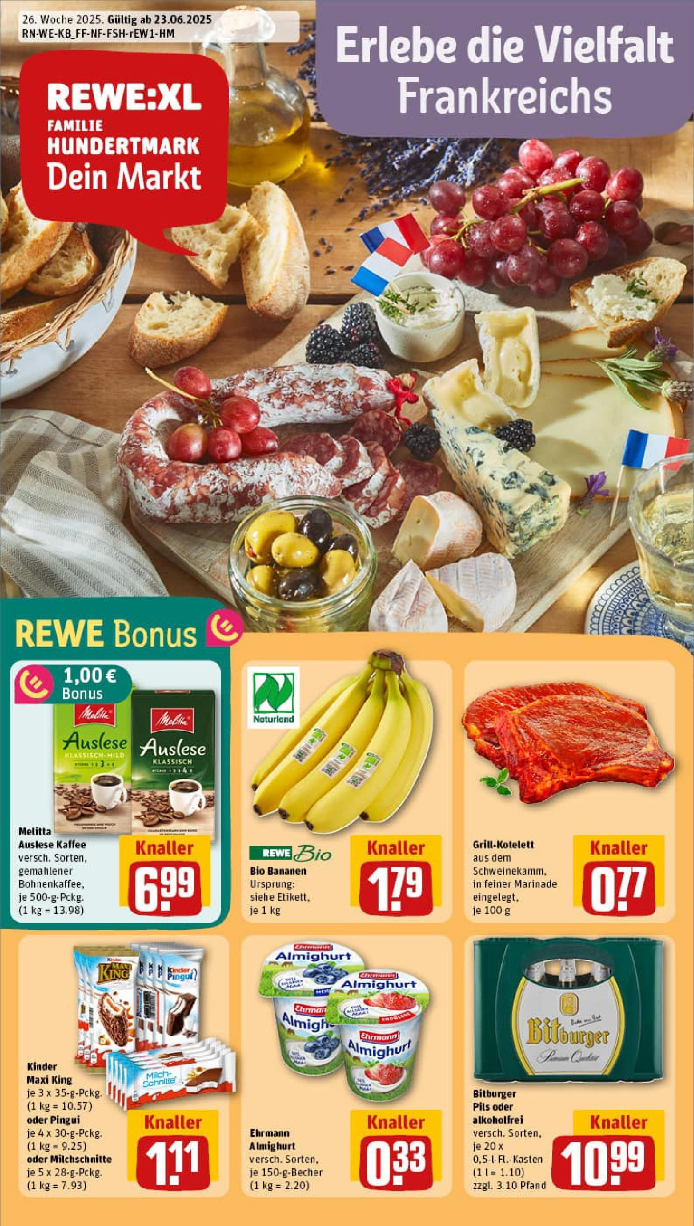 REWE Prospekt ab 22.06.2025 zum Blättern » Angebote | Seite: 1 | Produkte: Melitta, Ehrmann almighurt, Kaffee, Pils