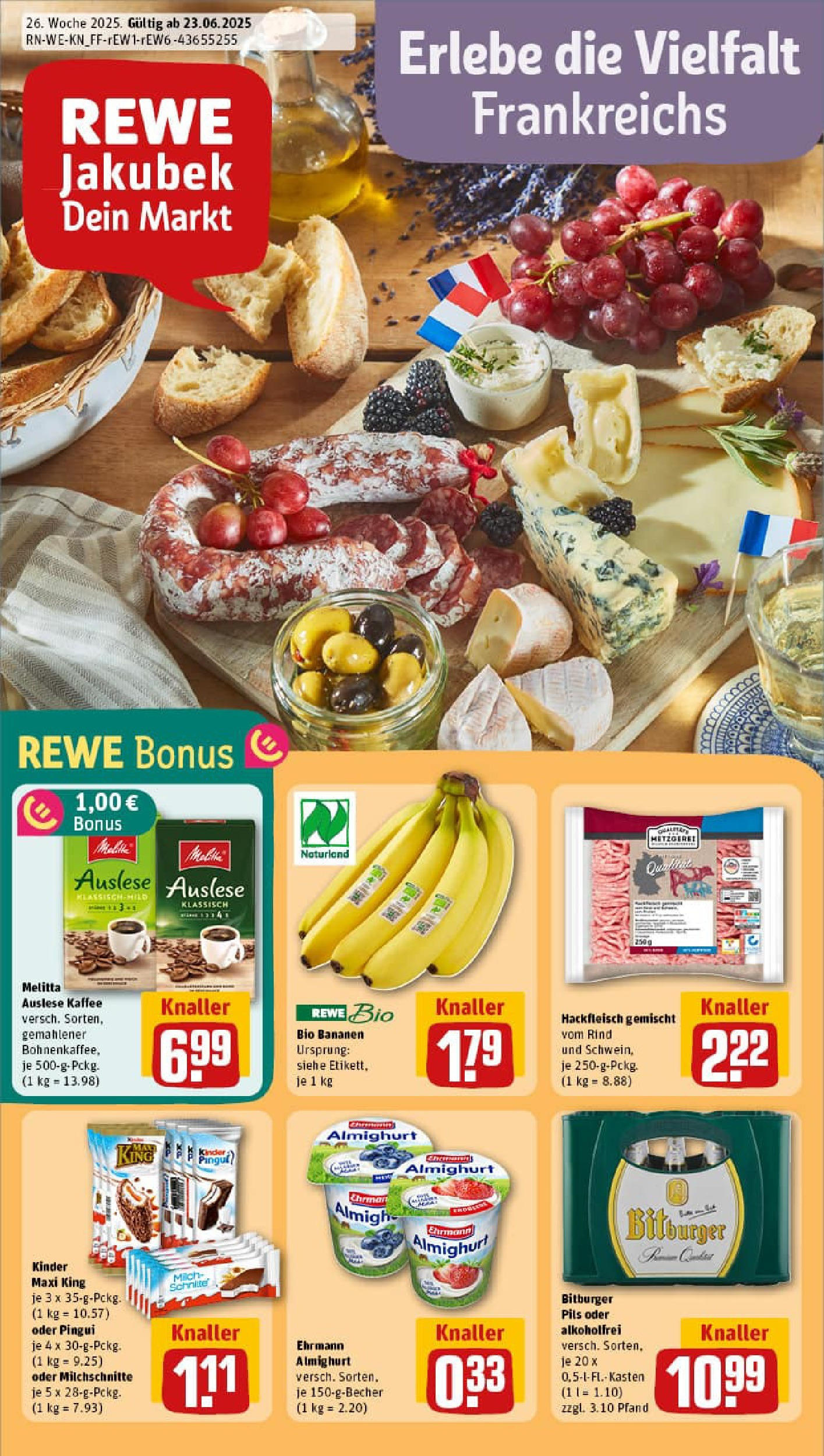 REWE Prospekt ab 22.06.2025 zum Blättern » Angebote | Seite: 1 | Produkte: Bitburger, Kaffee, Pils, Hackfleisch