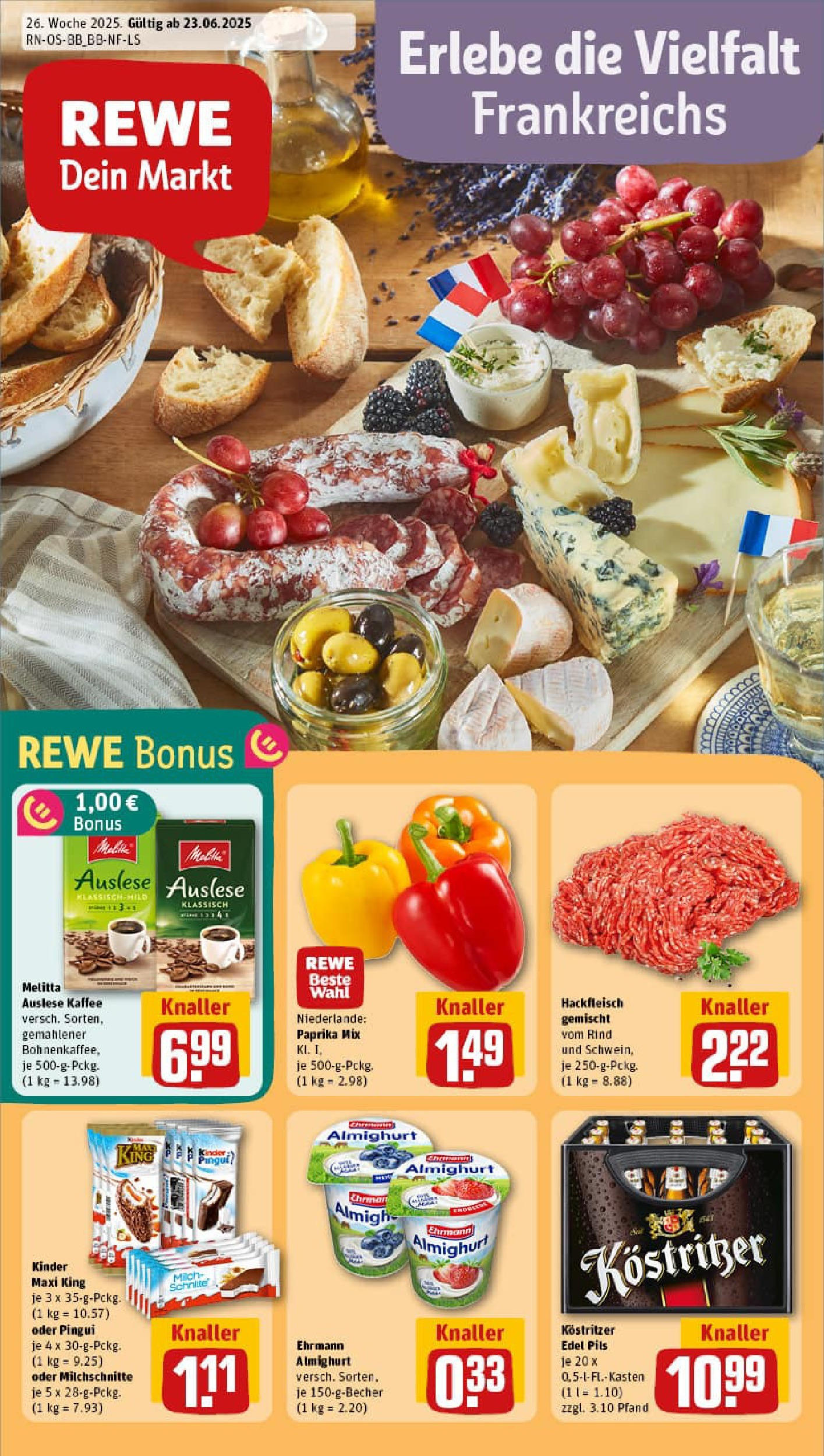 REWE Prospekt ab 22.06.2025 zum Blättern » Angebote | Seite: 1 | Produkte: Melitta, Ehrmann almighurt, Pils, Paprika