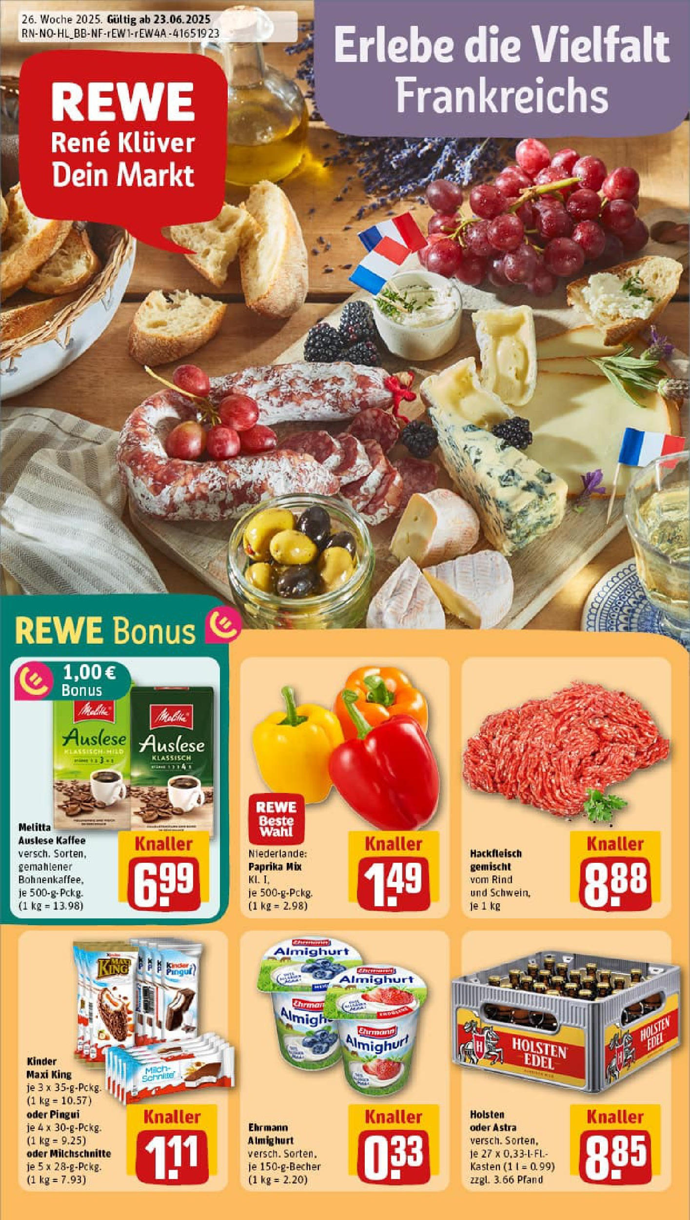 REWE Prospekt ab 22.06.2025 zum Blättern » Angebote | Seite: 1 | Produkte: Melitta, Ehrmann almighurt, Kaffee, Holsten