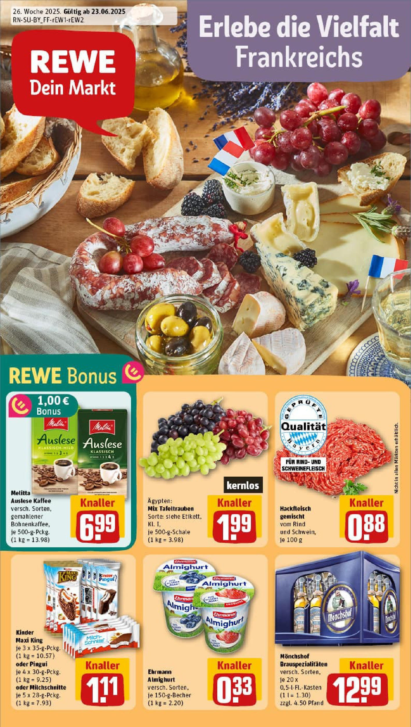 REWE Prospekt ab 22.06.2025 zum Blättern » Angebote | Seite: 1 | Produkte: Melitta, Ehrmann almighurt, Kaffee, Hackfleisch