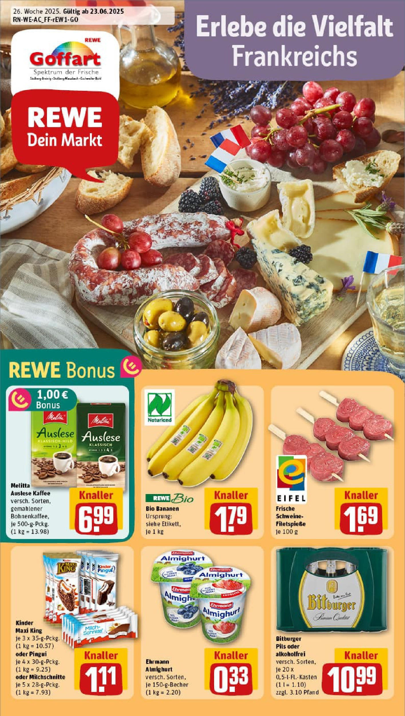 REWE Prospekt ab 22.06.2025 zum Blättern » Angebote | Seite: 1 | Produkte: Bitburger, Ehrmann almighurt, Pils, Bananen