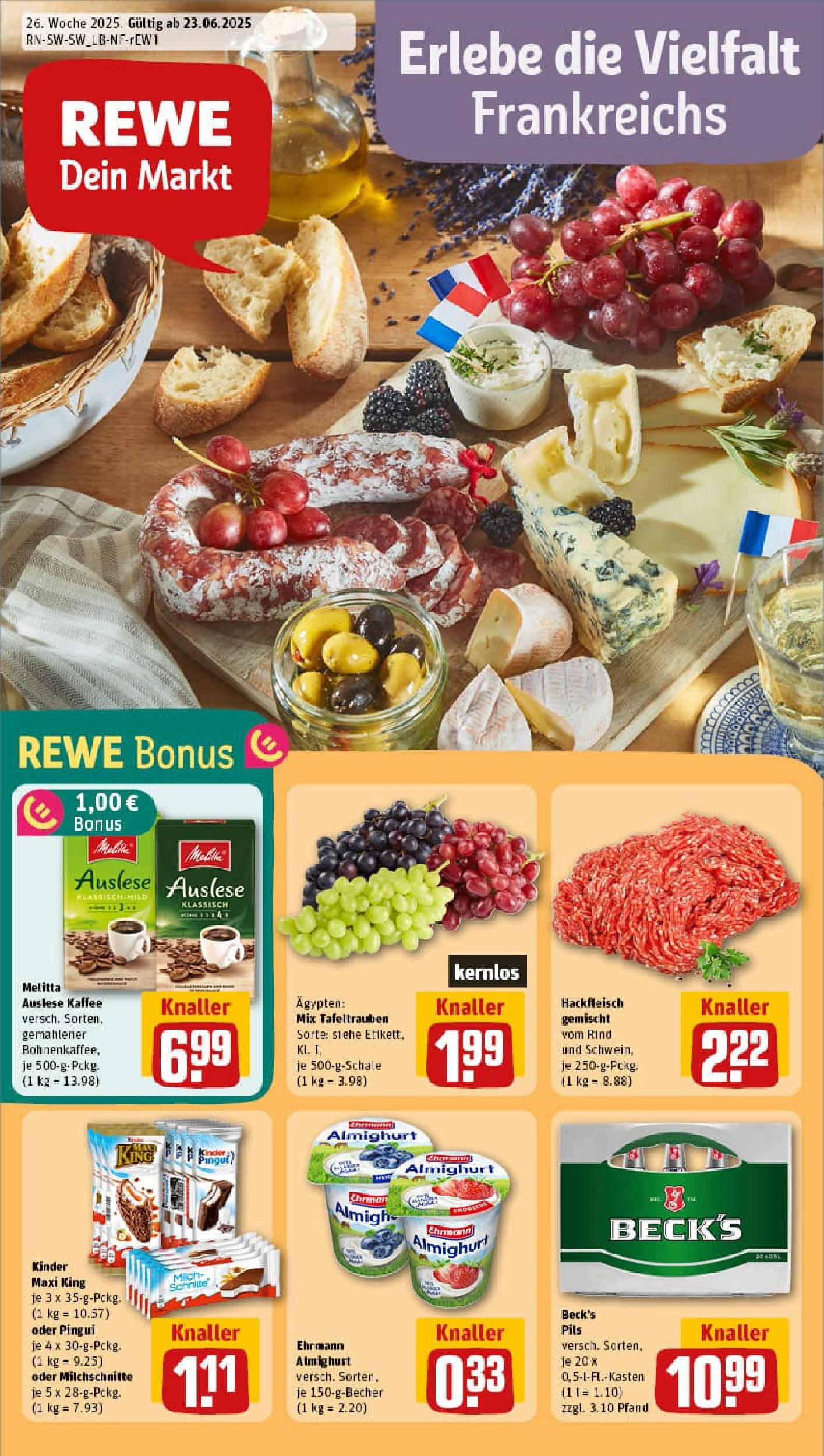 REWE Prospekt ab 22.06.2025 zum Blättern » Angebote | Seite: 1 | Produkte: Melitta, Ehrmann almighurt, Kaffee, Hackfleisch