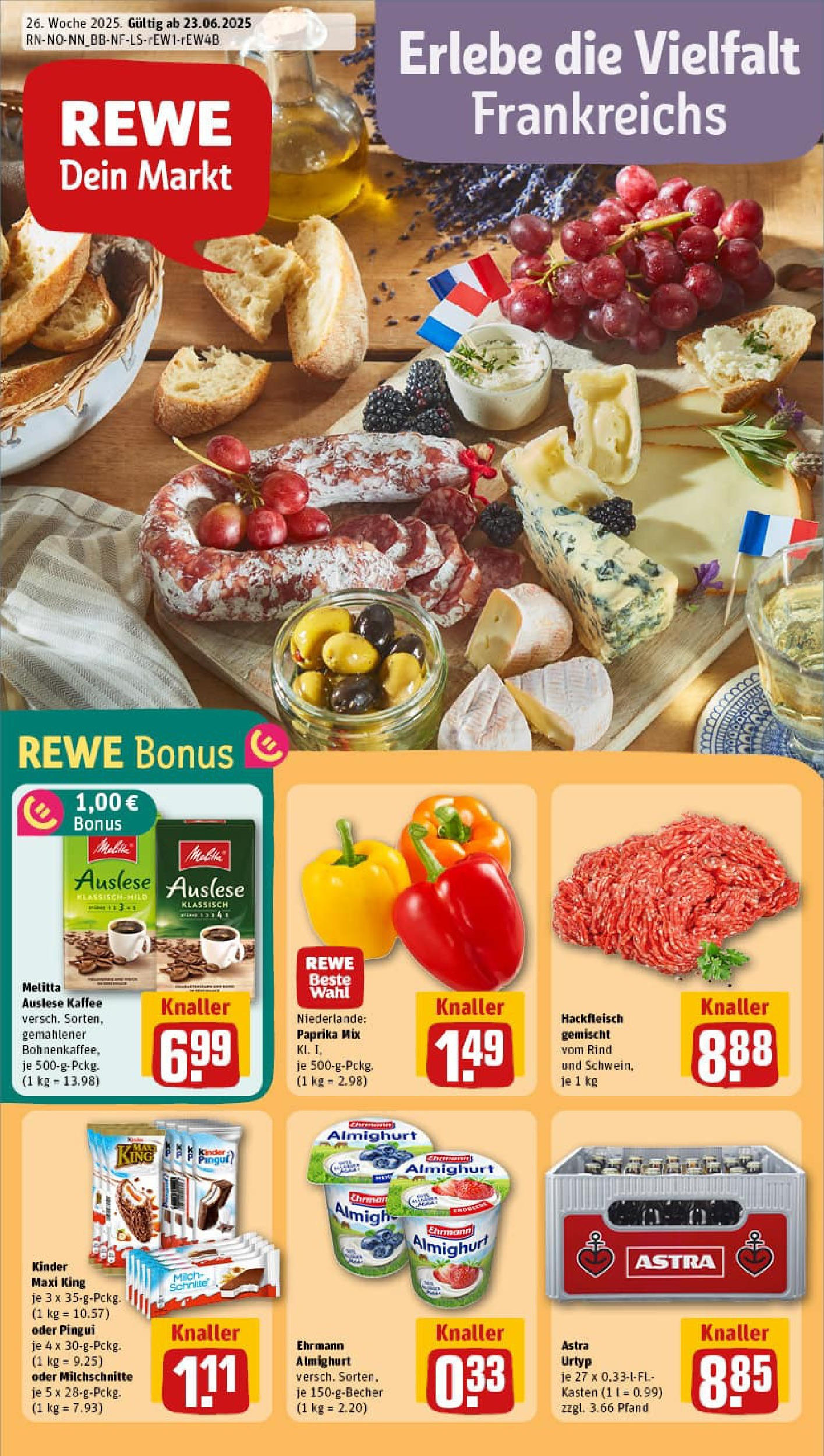 REWE Prospekt ab 22.06.2025 zum Blättern » Angebote | Seite: 1 | Produkte: Melitta, Ehrmann almighurt, Kaffee, Hackfleisch