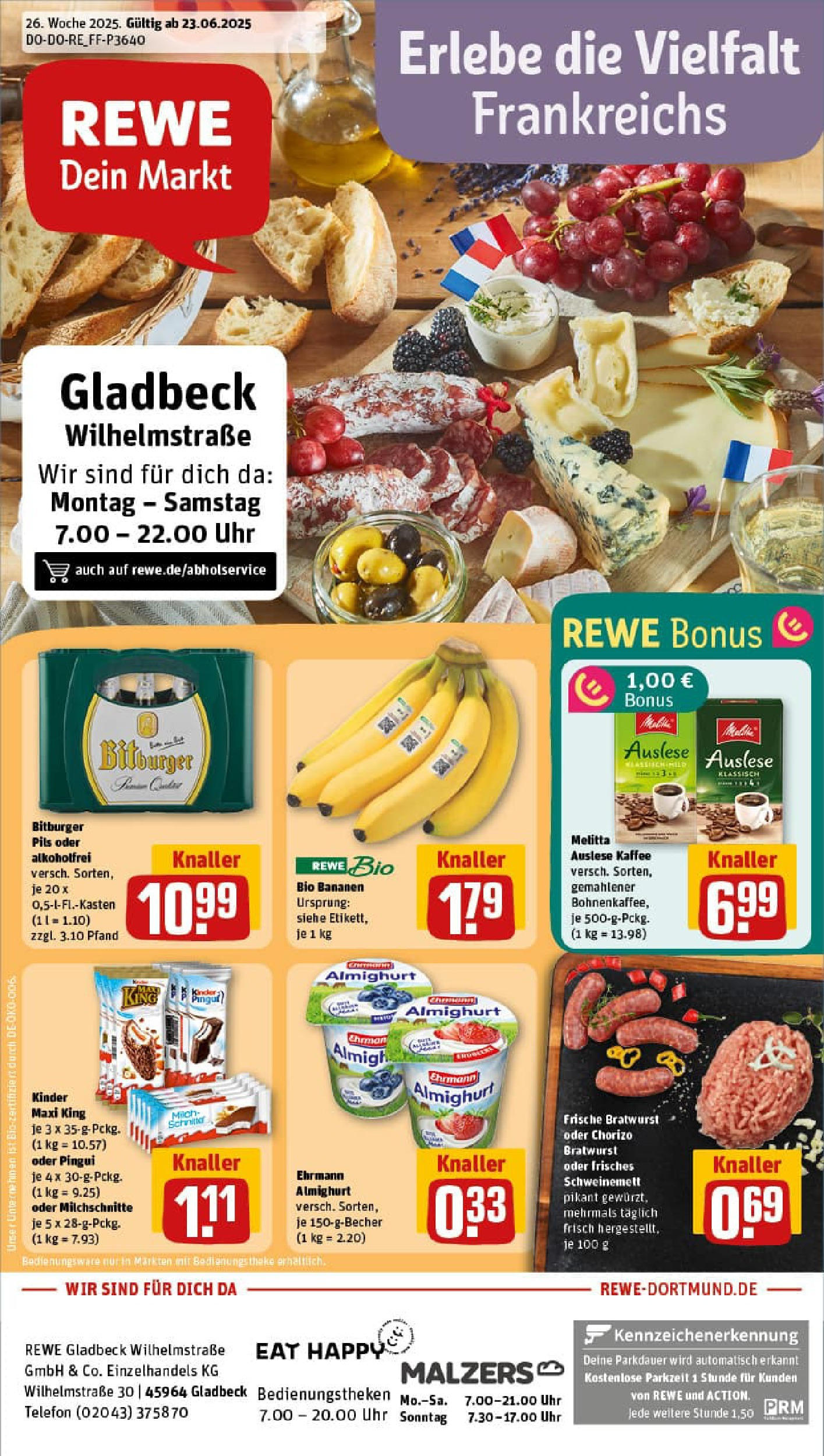 REWE Prospekt ab 22.06.2025 zum Blättern » Angebote | Seite: 1 | Produkte: Bitburger, Melitta, Kaffee, Bratwurst