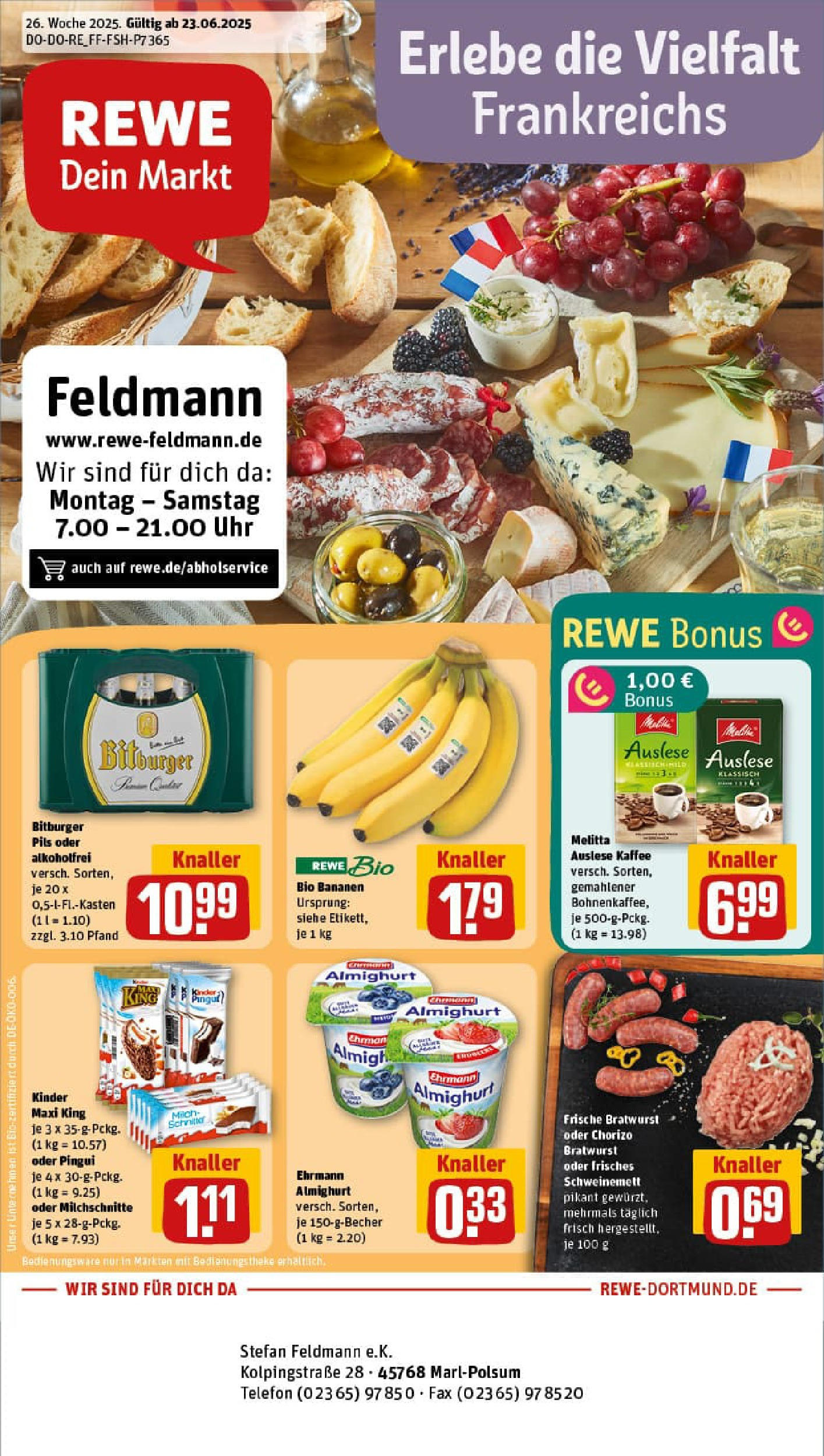 REWE Prospekt ab 22.06.2025 zum Blättern » Angebote | Seite: 1 | Produkte: Bitburger, Bratwurst, Telefon, Uhr