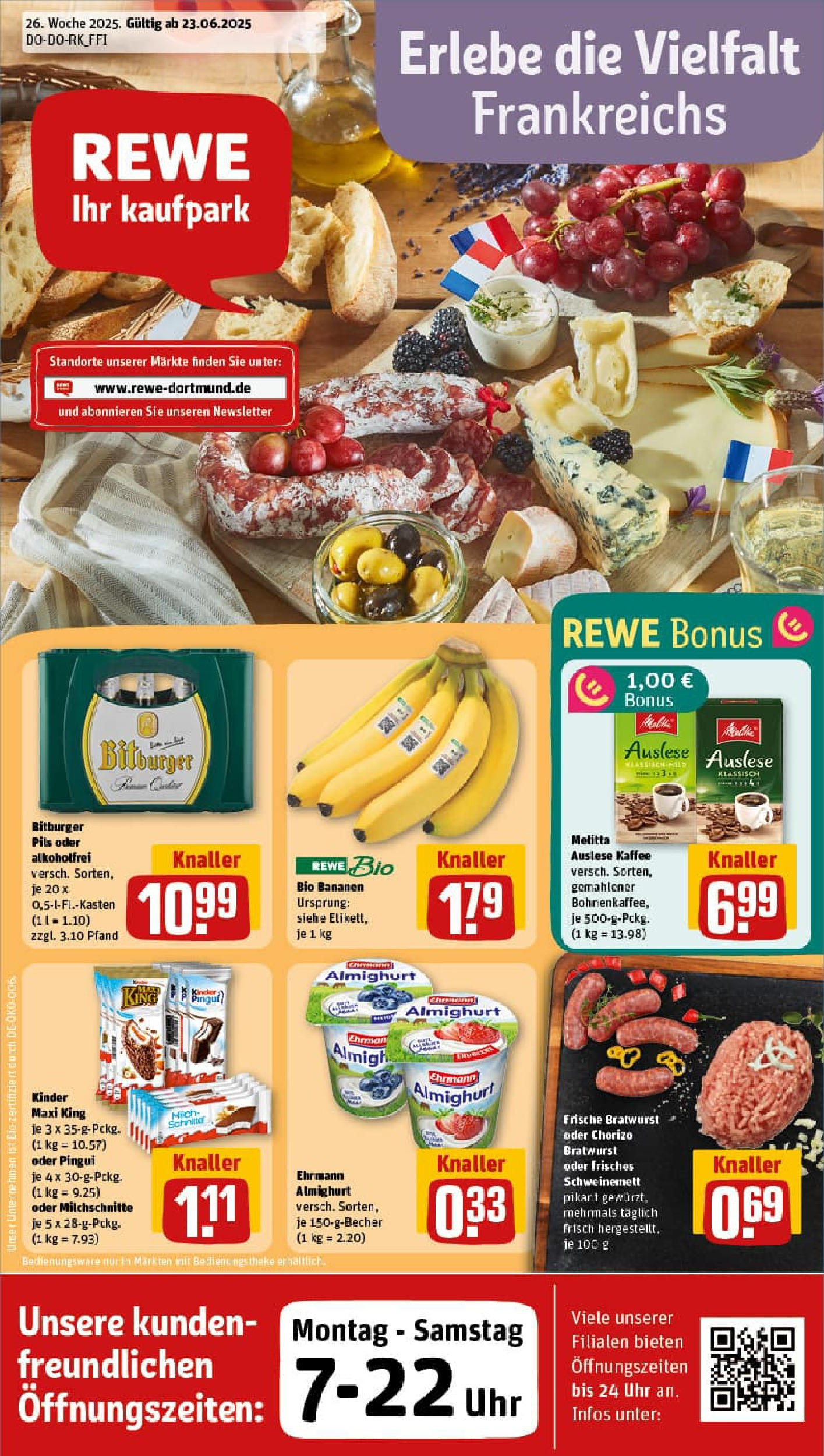 REWE Prospekt ab 22.06.2025 zum Blättern » Angebote | Seite: 1 | Produkte: Bitburger, Melitta, Bratwurst, Bananen