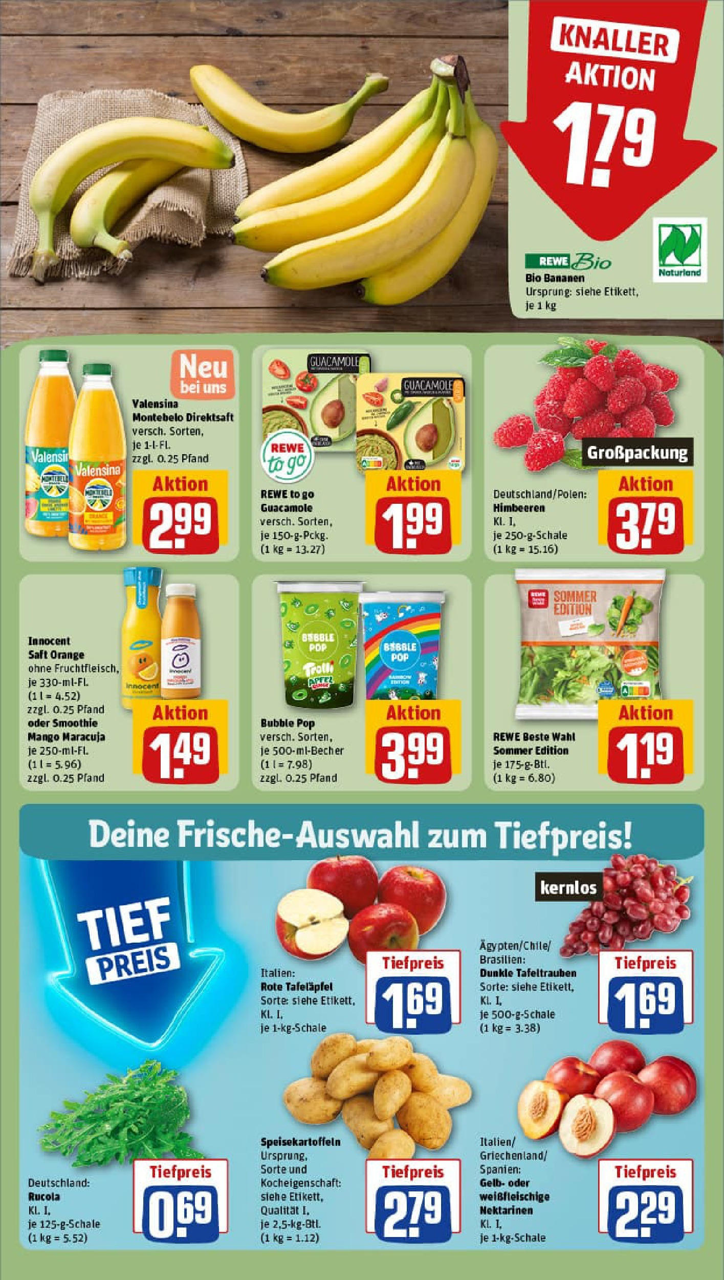 REWE Prospekt ab 22.06.2025 zum Blättern » Angebote | Seite: 4 | Produkte: Himbeeren, Rucola, Äpfel, Saft