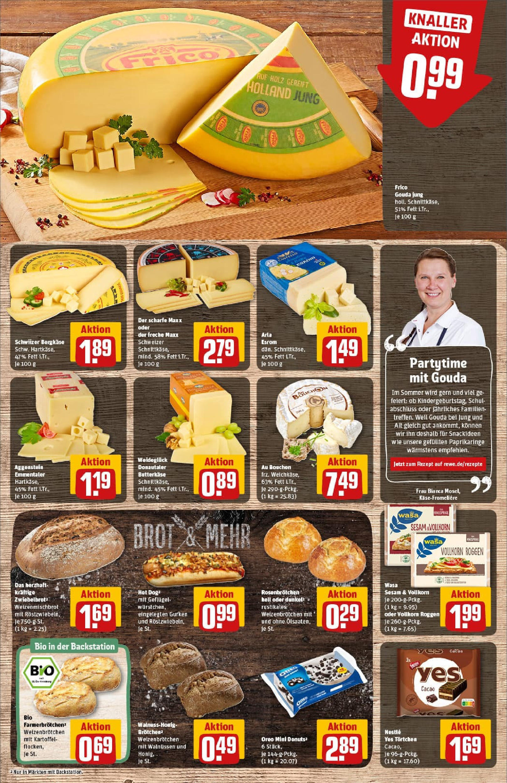 REWE Prospekt ab 22.06.2025 zum Blättern » Angebote | Seite: 11 | Produkte: Gouda, Donuts, Brot, Gurken