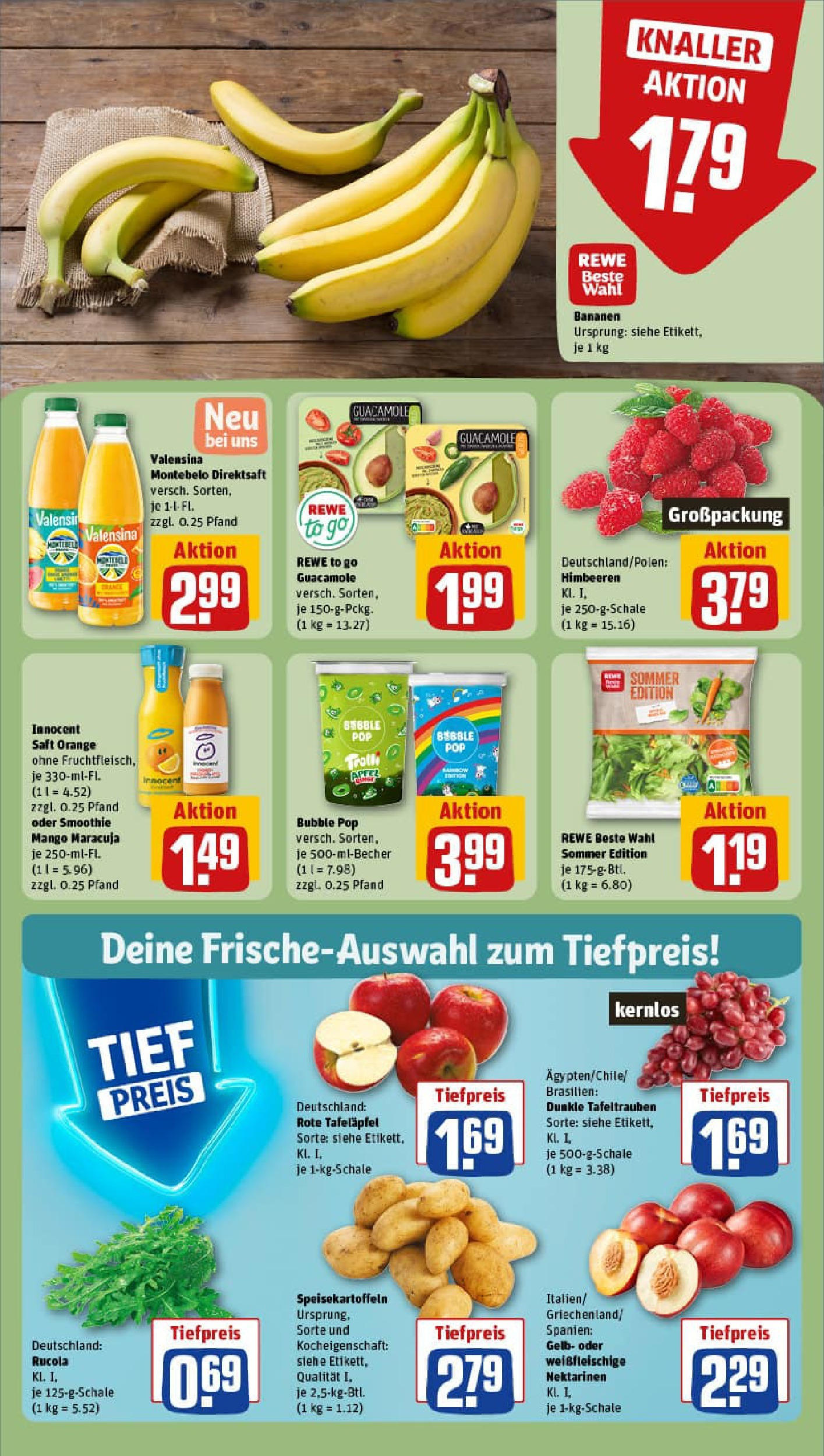 REWE Prospekt ab 22.06.2025 zum Blättern » Angebote | Seite: 4 | Produkte: Himbeeren, Rucola, Valensina, Saft
