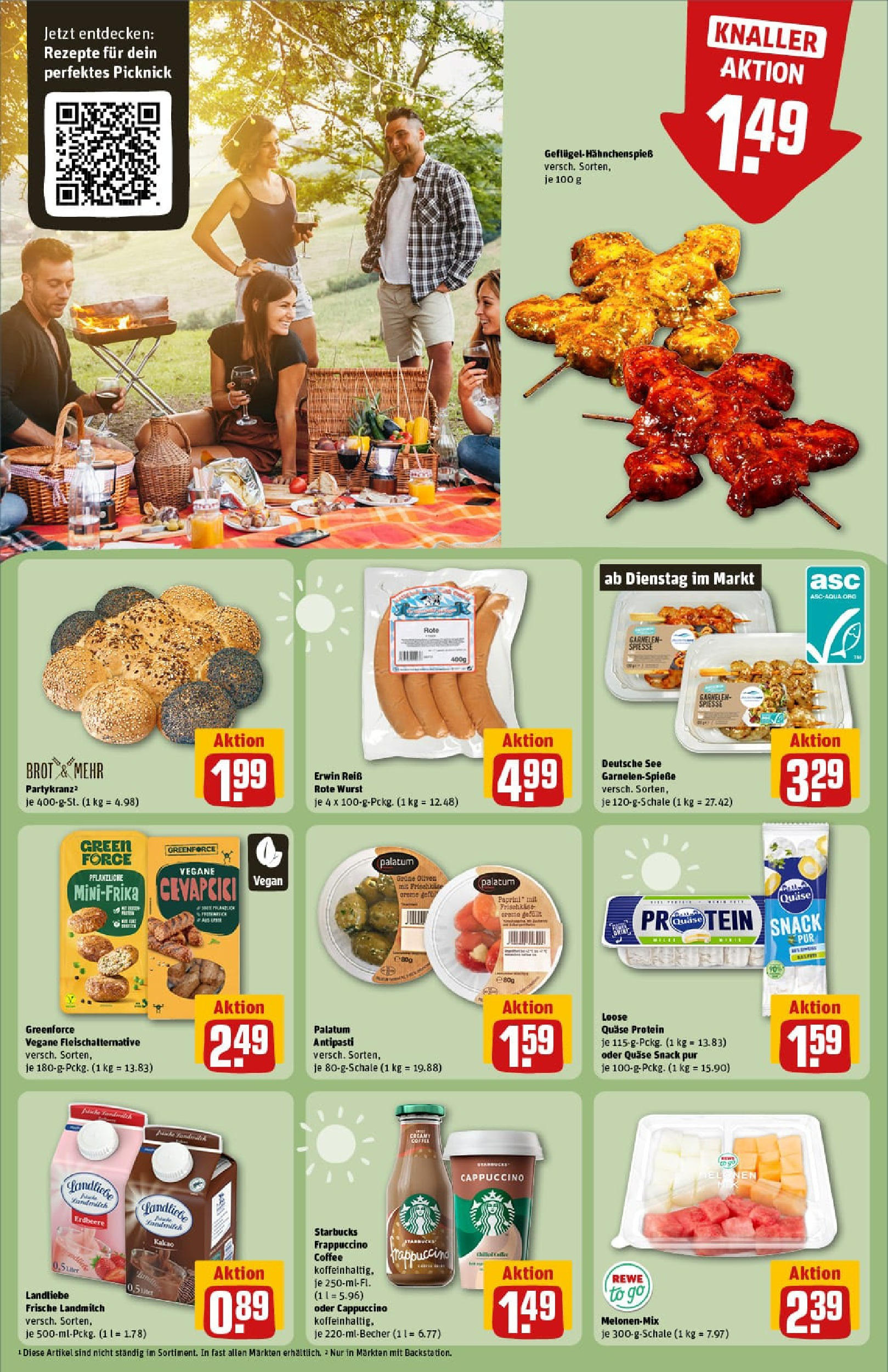 REWE Prospekt ab 22.06.2025 zum Blättern » Angebote | Seite: 19 | Produkte: Spieße, Garnelen, Creme, Wurst