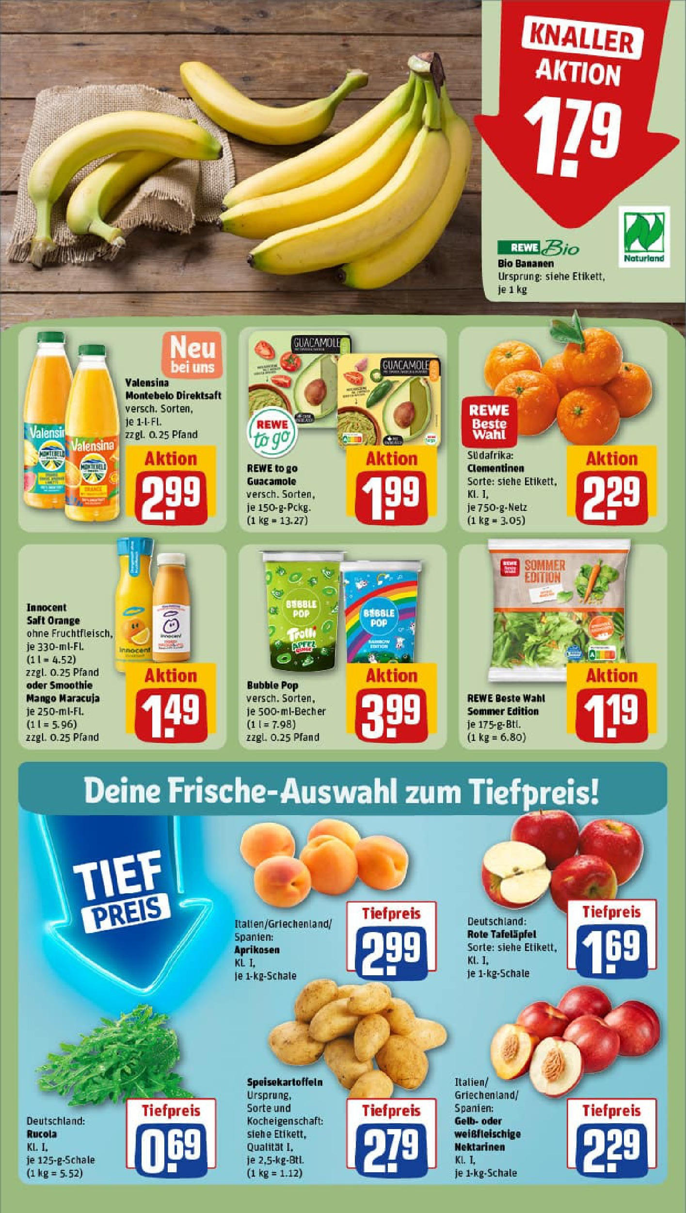 REWE Prospekt ab 22.06.2025 zum Blättern » Angebote | Seite: 4 | Produkte: Rucola, Bananen, Valensina, Mango