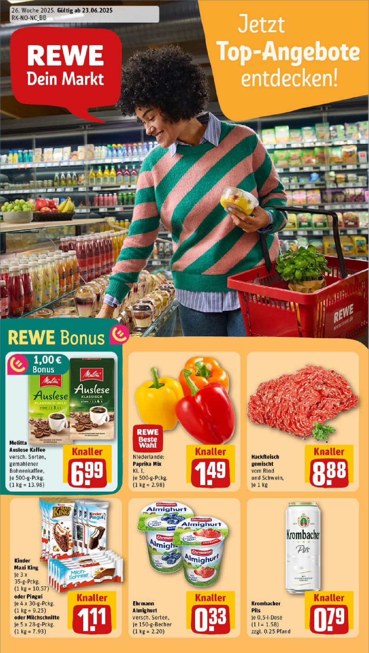 REWE Prospekt ab 22.06.2025 zum Blättern » Angebote | Seite: 1 | Produkte: Melitta, Paprika, Krombacher, Hackfleisch