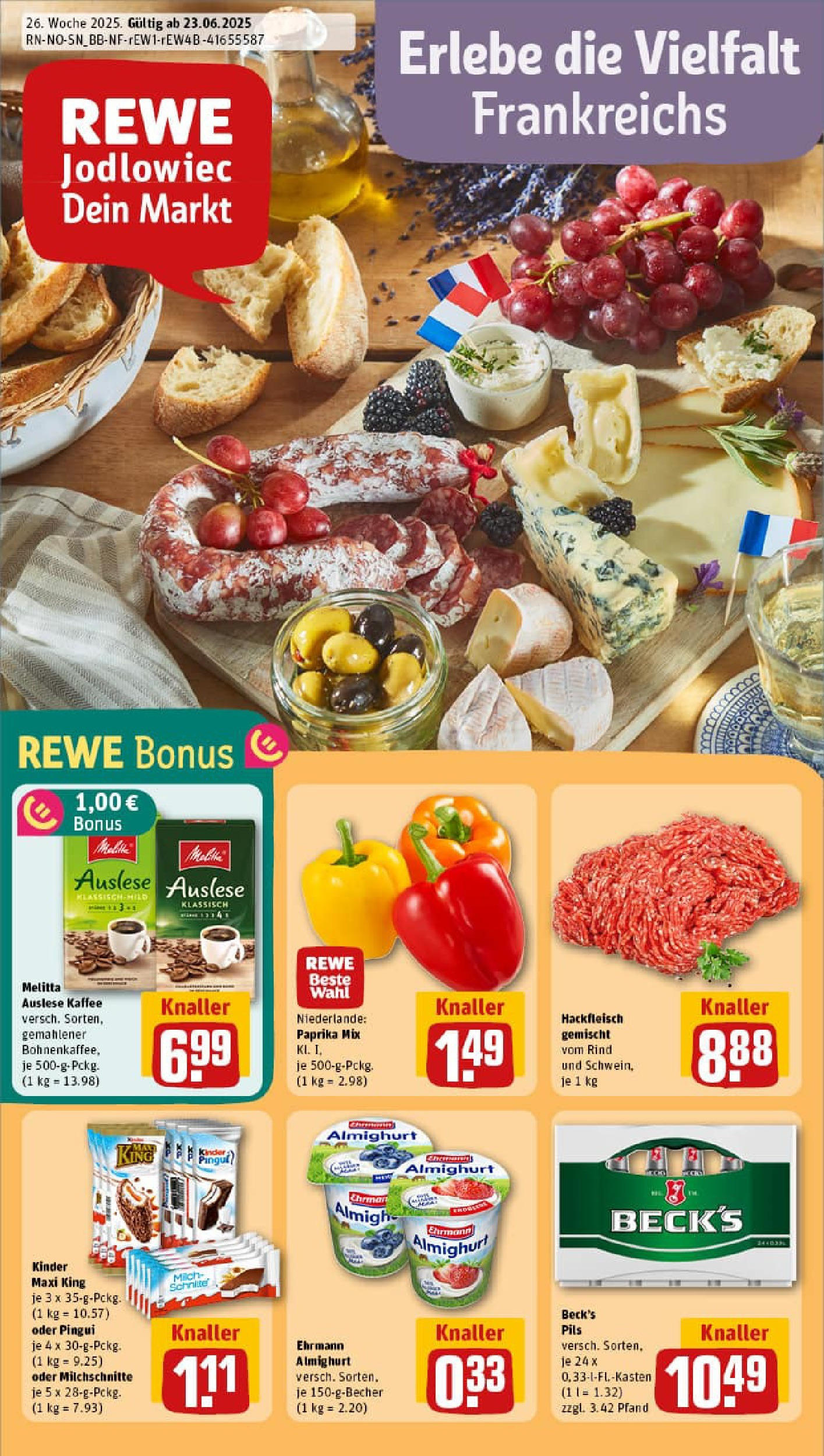 REWE Prospekt ab 22.06.2025 zum Blättern » Angebote | Seite: 1 | Produkte: Melitta, Kaffee, Pils, Hackfleisch