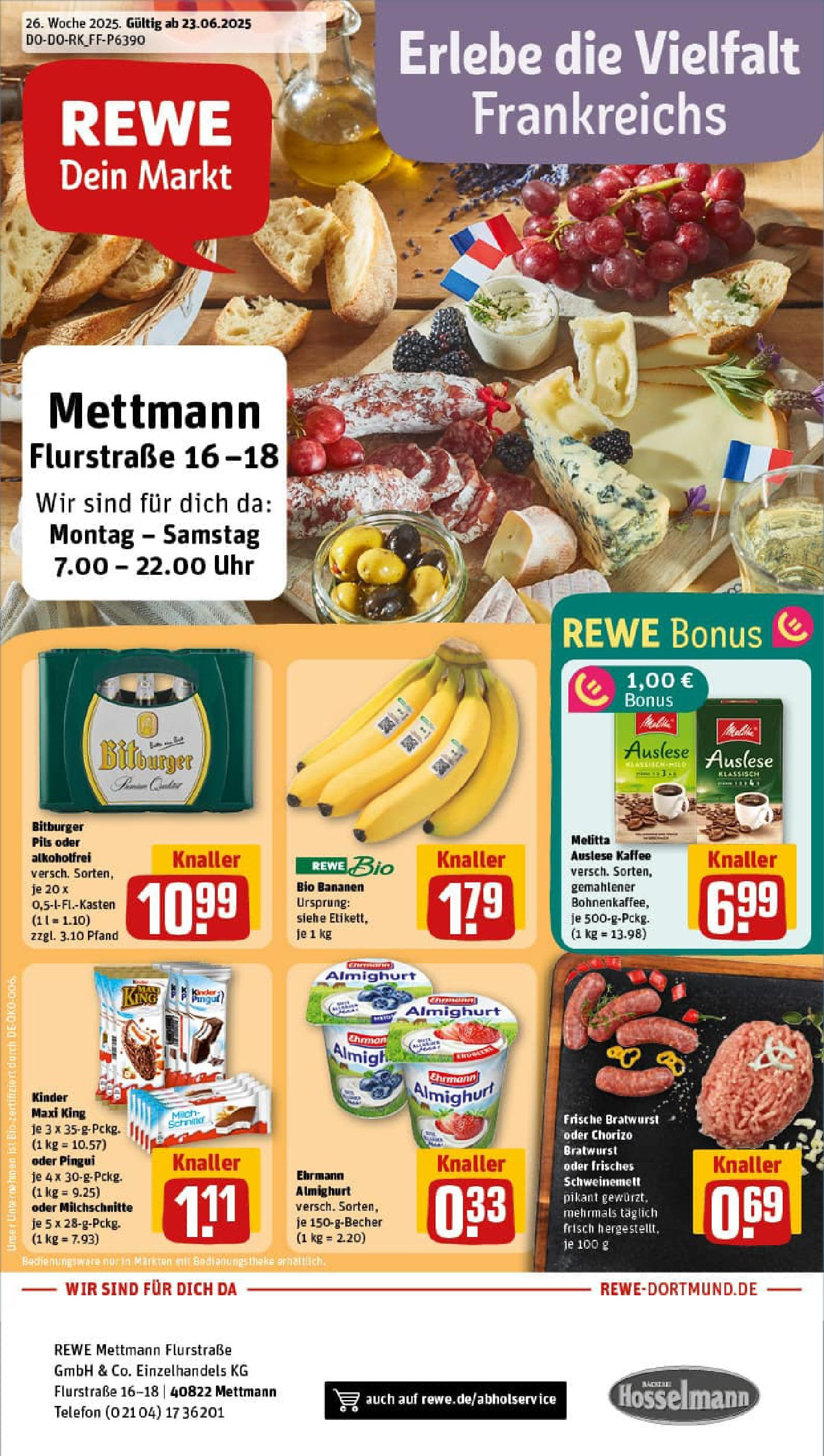 REWE Prospekt ab 22.06.2025 zum Blättern » Angebote | Seite: 1 | Produkte: Bitburger, Theke, Kaffee, Bananen