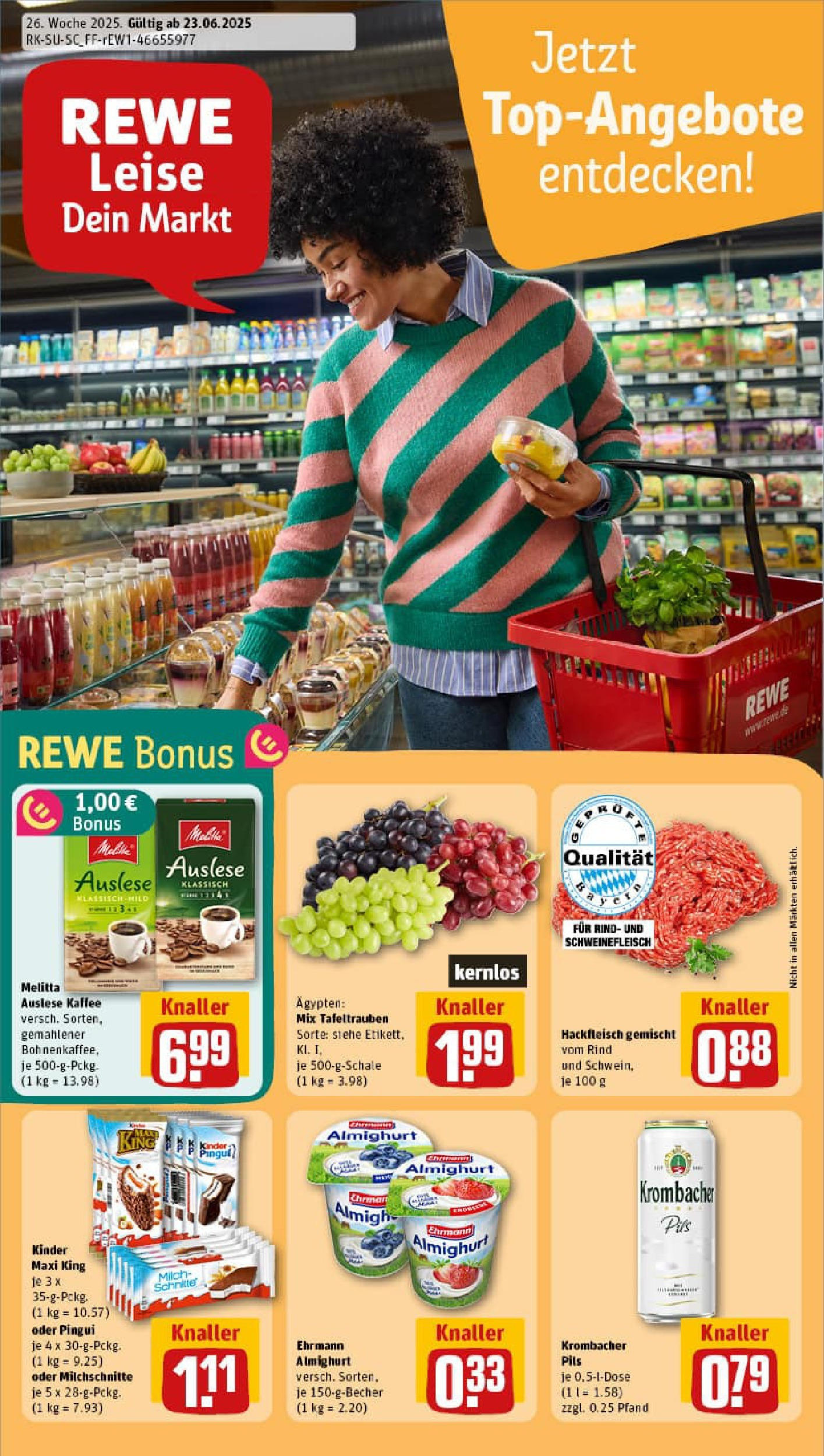 REWE Prospekt ab 22.06.2025 zum Blättern » Angebote | Seite: 1 | Produkte: Ehrmann almighurt, Milch, Kaffee, Krombacher
