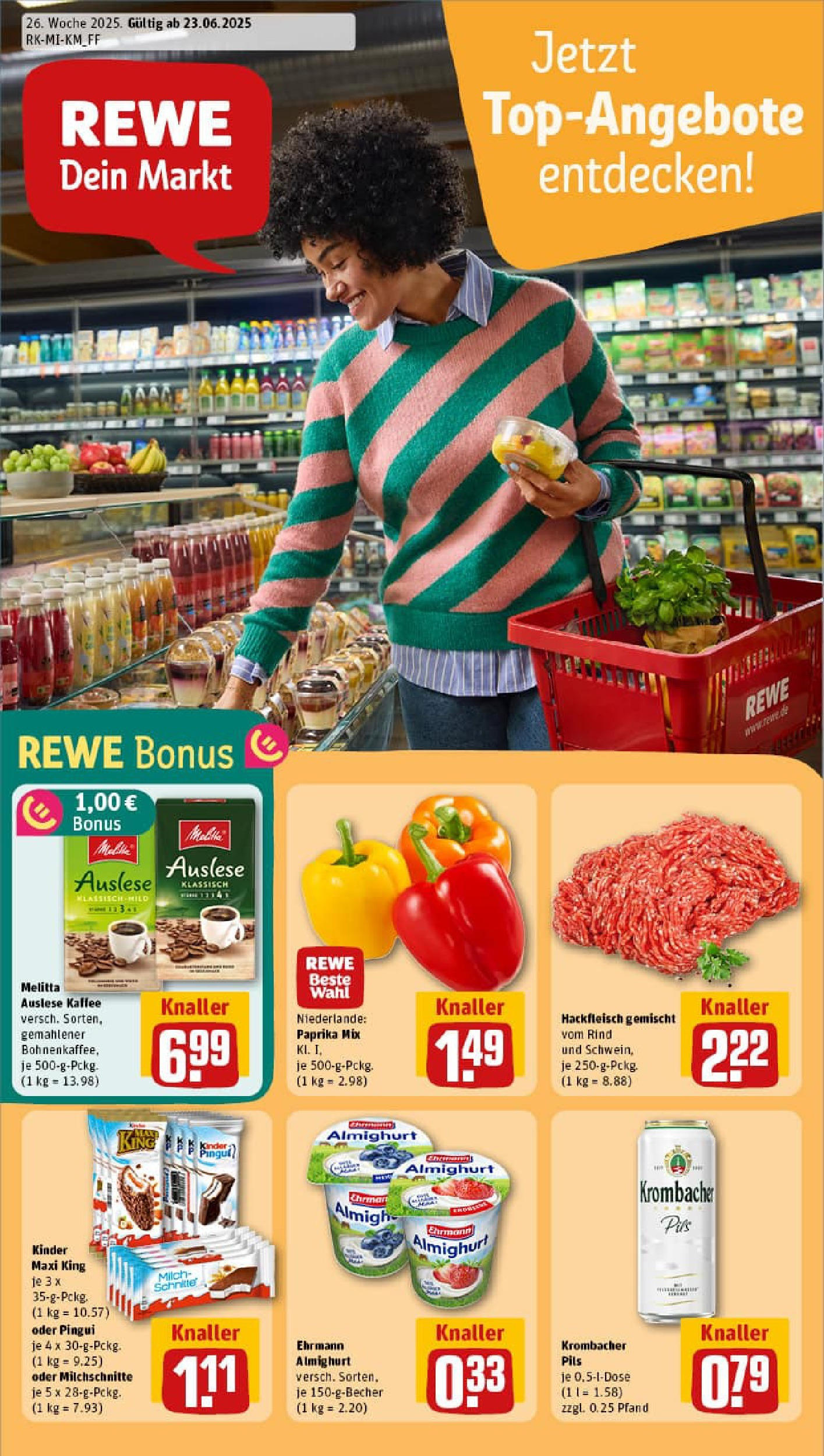 REWE Prospekt ab 22.06.2025 zum Blättern » Angebote | Seite: 1 | Produkte: Ehrmann almighurt, Milch, Paprika, Hackfleisch
