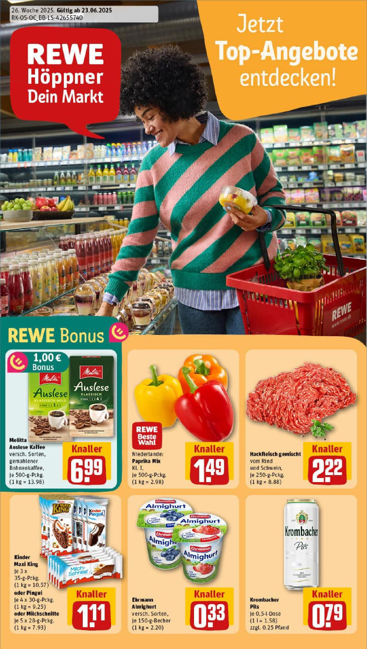 REWE Prospekt ab 22.06.2025 zum Blättern » Angebote | Seite: 1 | Produkte: Ehrmann almighurt, Milch, Kaffee, Hackfleisch