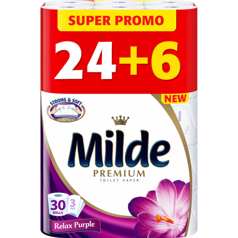 ТОАЛЕТНА ХАРТИЯ PREMIUM 24+6 БР 3 ПЛАСТА MILDE