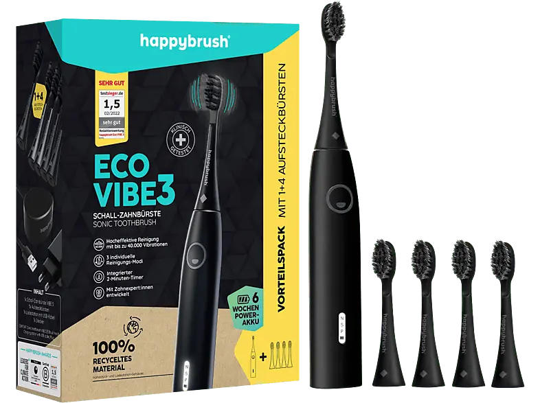happybrush ECO VIBE 3 Starterkit Elektrische Schallzahnbürste + 4 Aufsteckbürsten Allblack