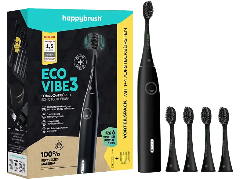 happybrush ECO VIBE 3 Starterkit Elektrische Schallzahnbürste + 4 Aufsteckbürsten Allblack